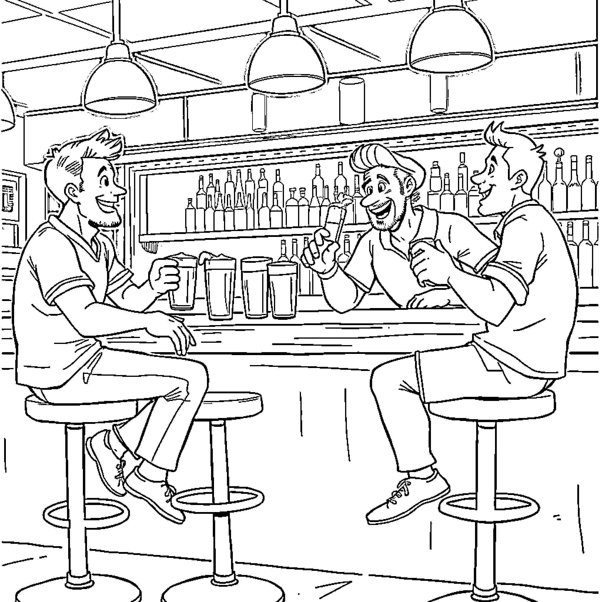 Family Guy Characters Enjoying Drinks at a Bar Coloring Page (free black-and-white line drawing printable PDF for all, from beginners to advanced learners, including children, teens, adults, and seniors)