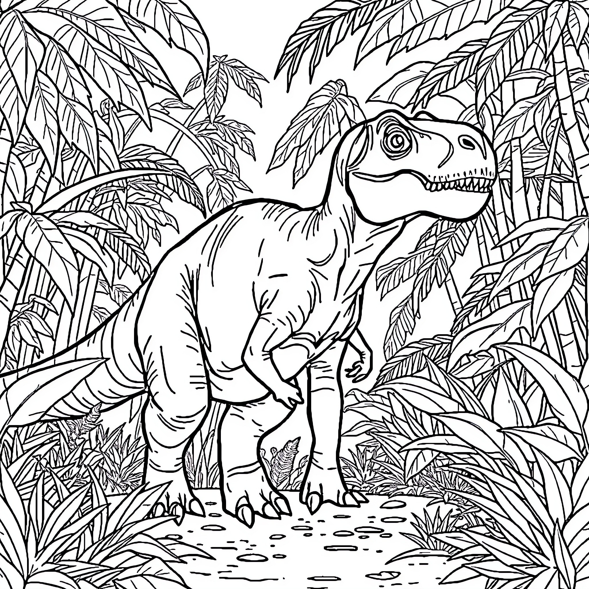 Dinosaur exploring the lush jungle Coloring Page (free black-and-white line drawing printable PDF for all, from beginners to advanced learners, including children, teens, adults, and seniors)