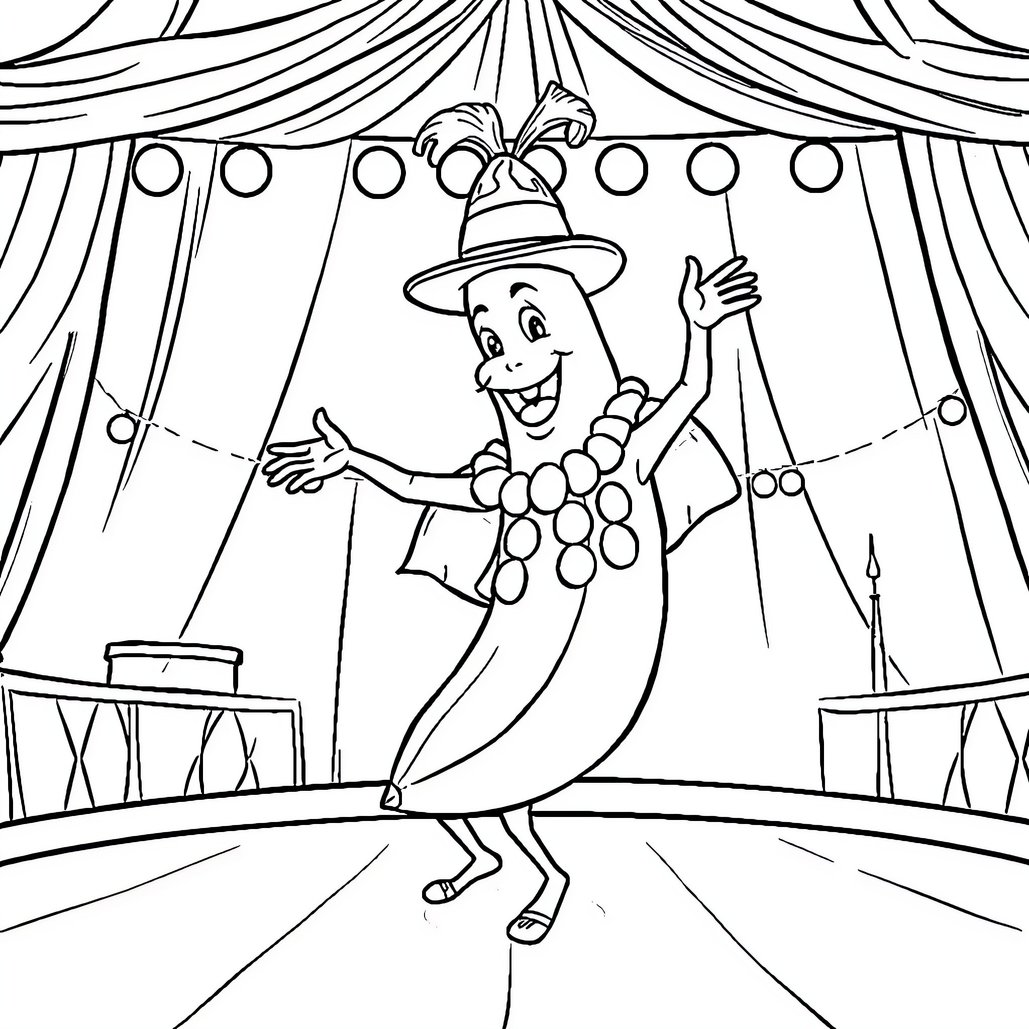 Banana Performer Dancing Happily on Stage Coloring Page (free black-and-white line drawing printable PDF for all, from beginners to advanced learners, including children, teens, adults, and seniors)