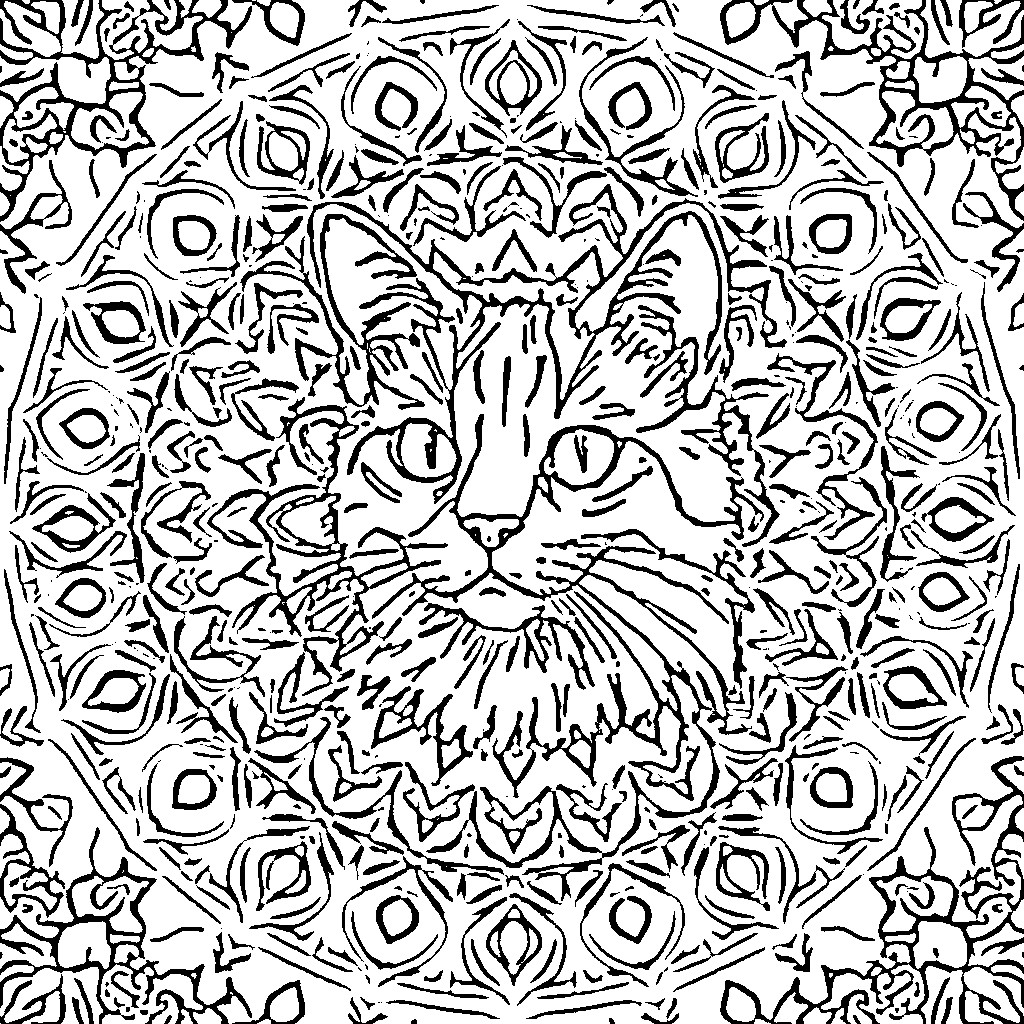Cat in Mandala Pattern Coloring Page (free black-and-white line drawing printable PDF for all, from beginners to advanced learners, including children, teens, adults, and seniors)