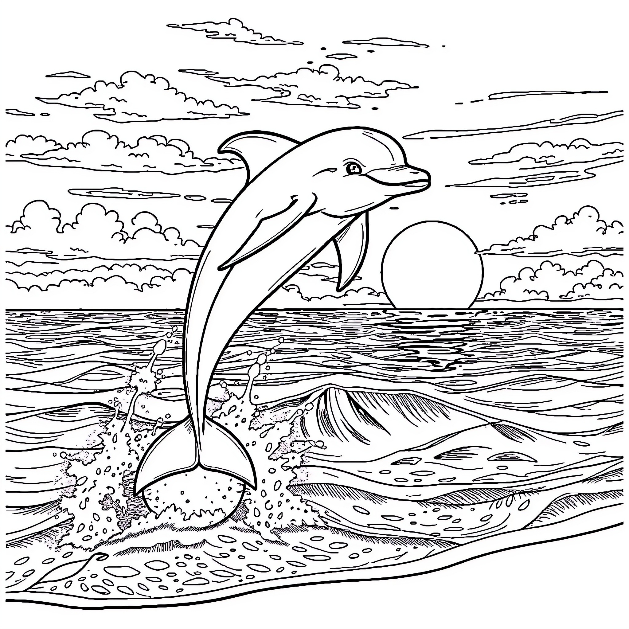 Dolphin leaping joyfully in the ocean Coloring Page (free black-and-white line drawing printable PDF for all, from beginners to advanced learners, including children, teens, adults, and seniors)