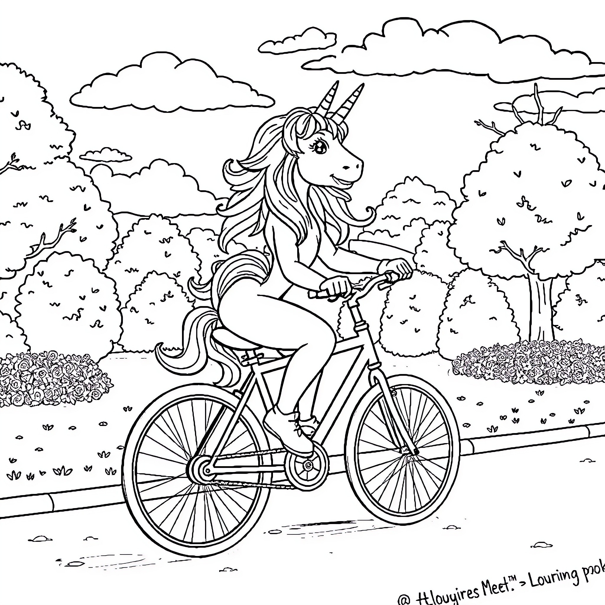 Unicorn riding a bicycle through a peaceful landscape Coloring Page (free black-and-white line drawing printable PDF for all, from beginners to advanced learners, including children, teens, adults, and seniors)