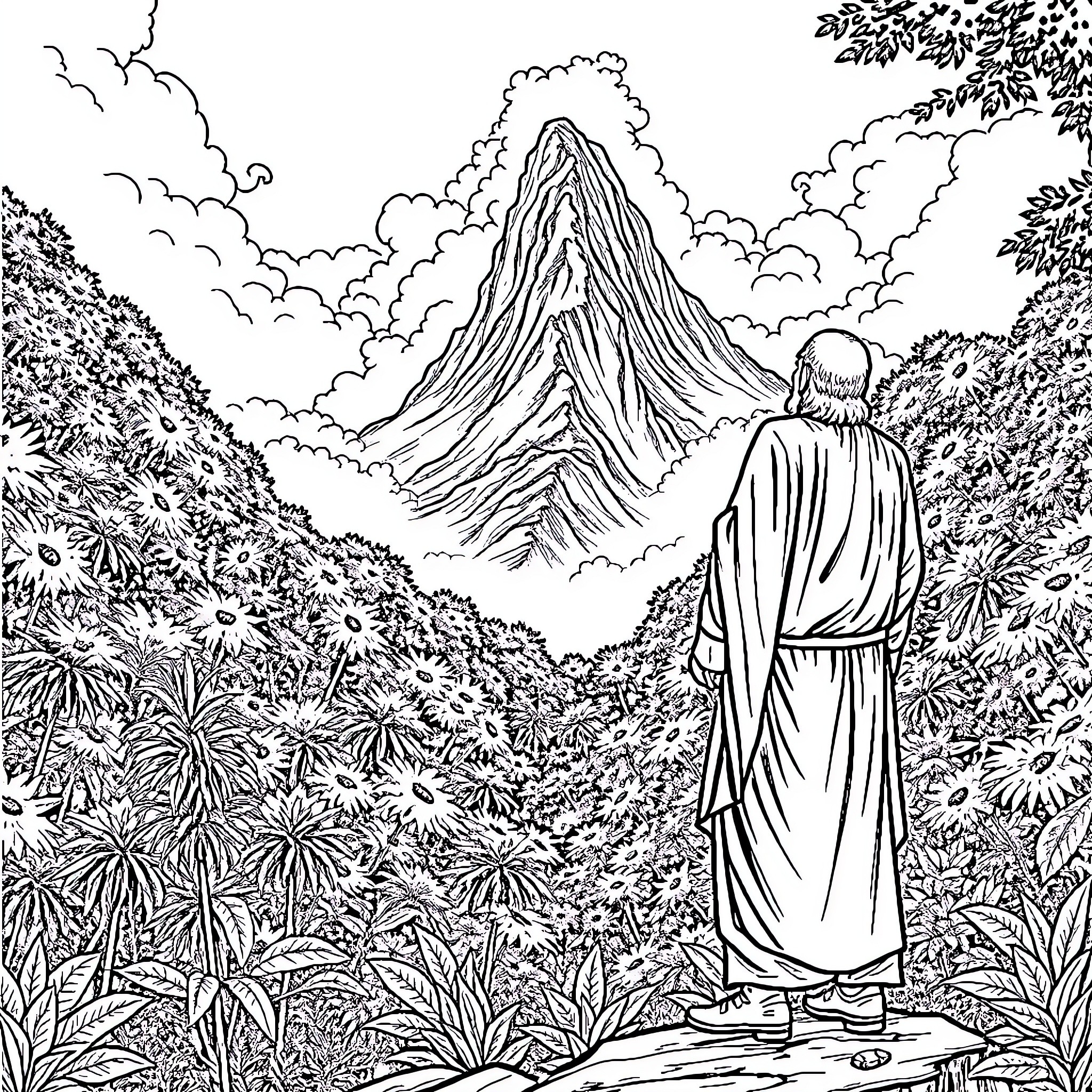 Papa Isio's Solitary Contemplation in the Majestic Mountains Coloring Page (free black-and-white line drawing printable PDF for all, from beginners to advanced learners, including children, teens, adults, and seniors)