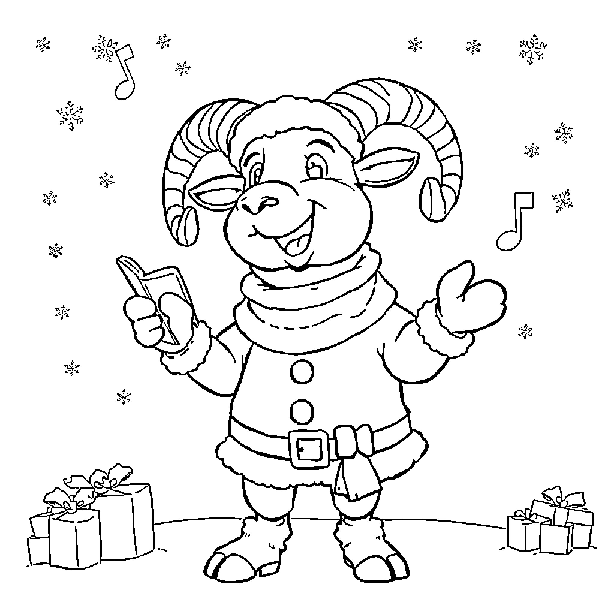 Ram the Joyful Winter Elf with Gifts Coloring Page (free black-and-white line drawing printable PDF for all, from beginners to advanced learners, including children, teens, adults, and seniors)