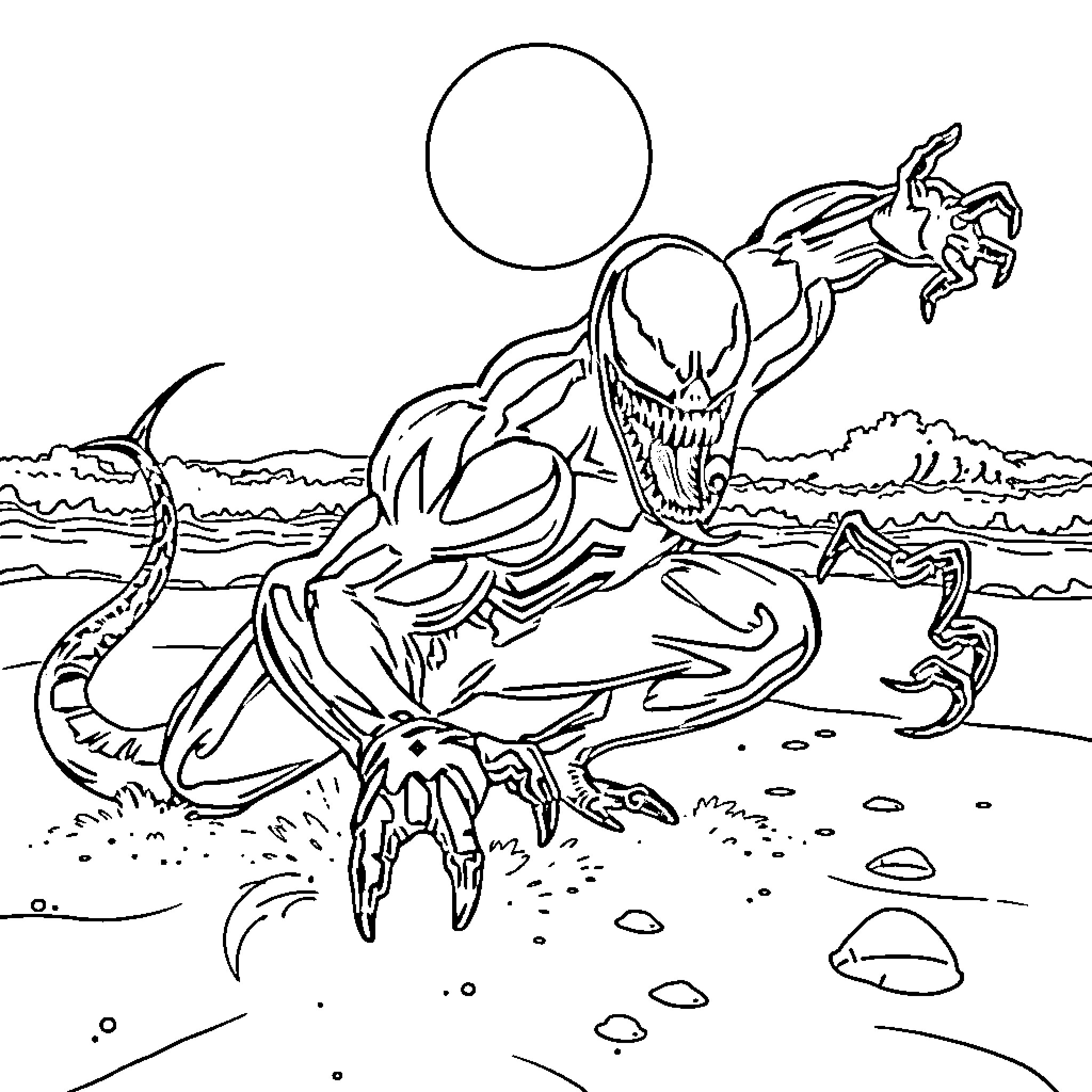 Venom Unleashed: Alien Symbiote Dominates the Landscape Coloring Page (free black-and-white line drawing printable PDF for all, from beginners to advanced learners, including children, teens, adults, and seniors)