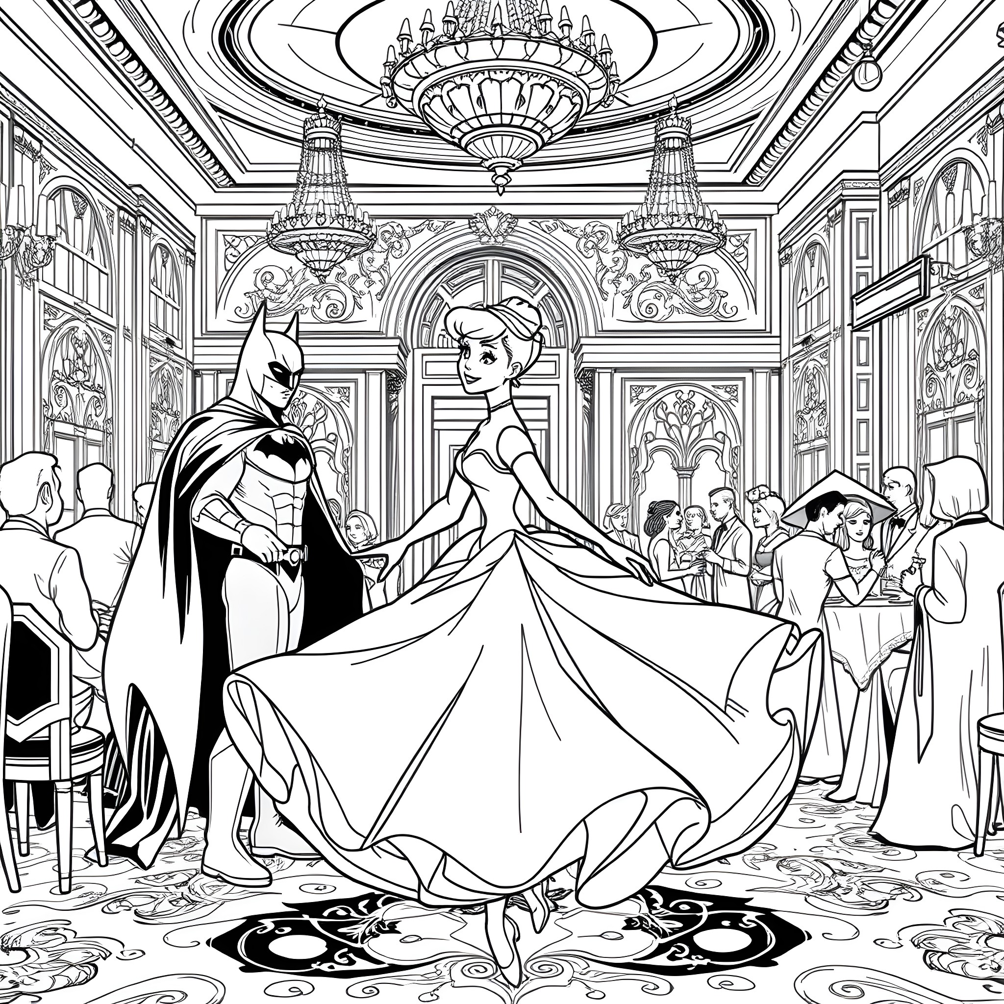 Cinderella's Enchanting Ball with the Prince Coloring Page (free black-and-white line drawing printable PDF for all, from beginners to advanced learners, including children, teens, adults, and seniors)