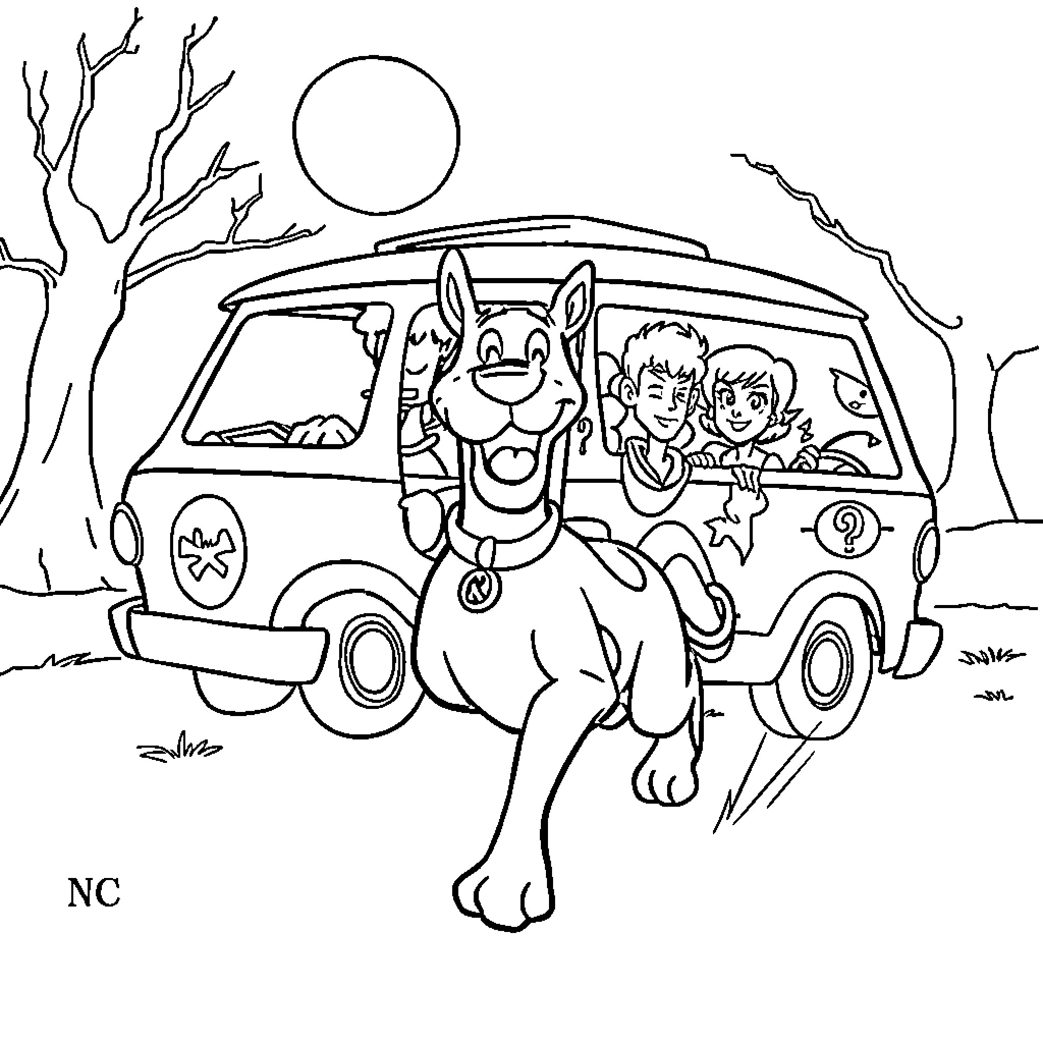 Scooby Doo and friends on a road trip adventure Coloring Page (free black-and-white line drawing printable PDF for all, from beginners to advanced learners, including children, teens, adults, and seniors)