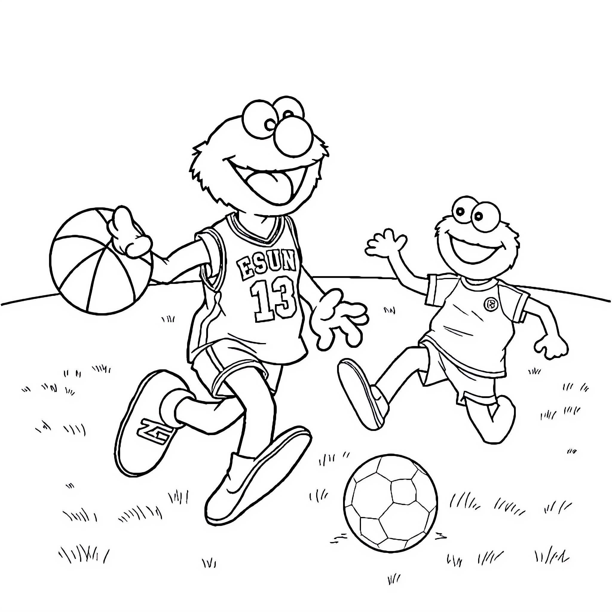 Elmo and friends playing sports outdoors Coloring Page (free black-and-white line drawing printable PDF for all, from beginners to advanced learners, including children, teens, adults, and seniors)