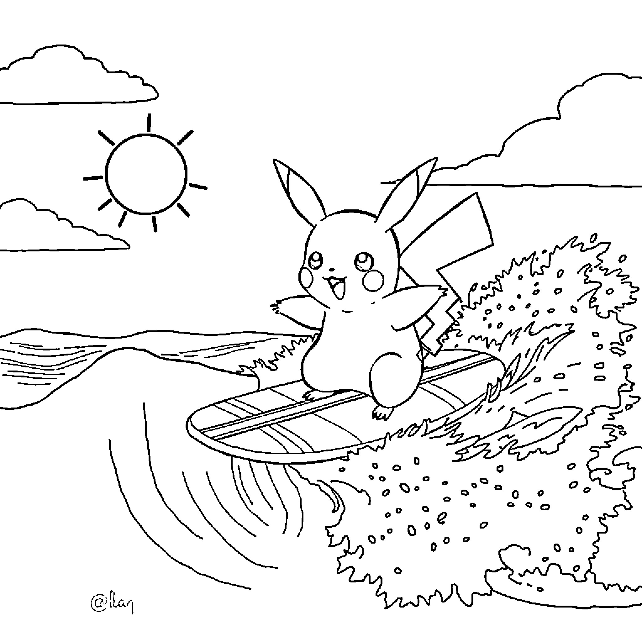 Pikachu surfing happily in the waves Coloring Page (free black-and-white line drawing printable PDF for all, from beginners to advanced learners, including children, teens, adults, and seniors)