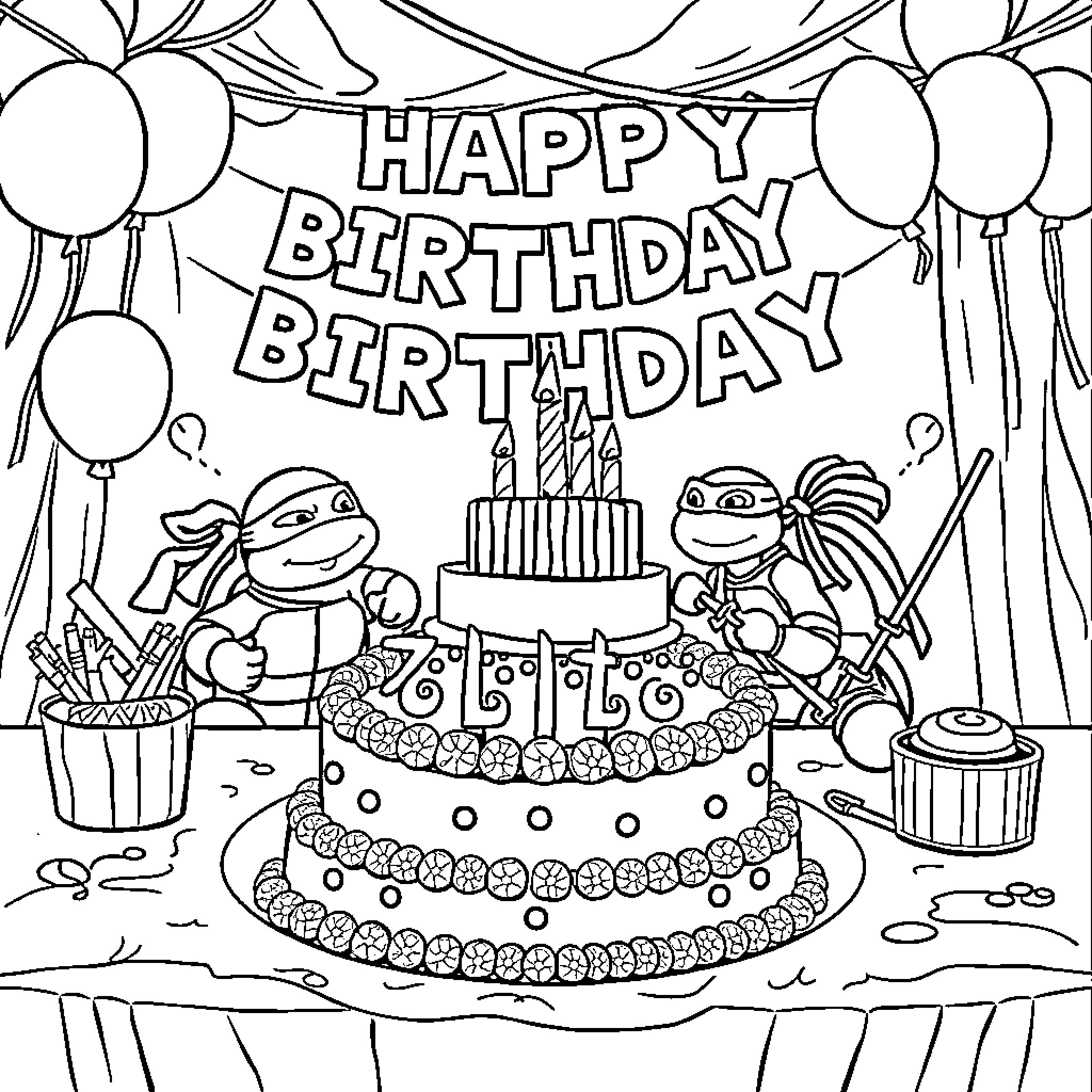 Ninja Turtles celebrate happy birthday with cake and balloons Coloring Page (free black-and-white line drawing printable PDF for all, from beginners to advanced learners, including children, teens, adults, and seniors)