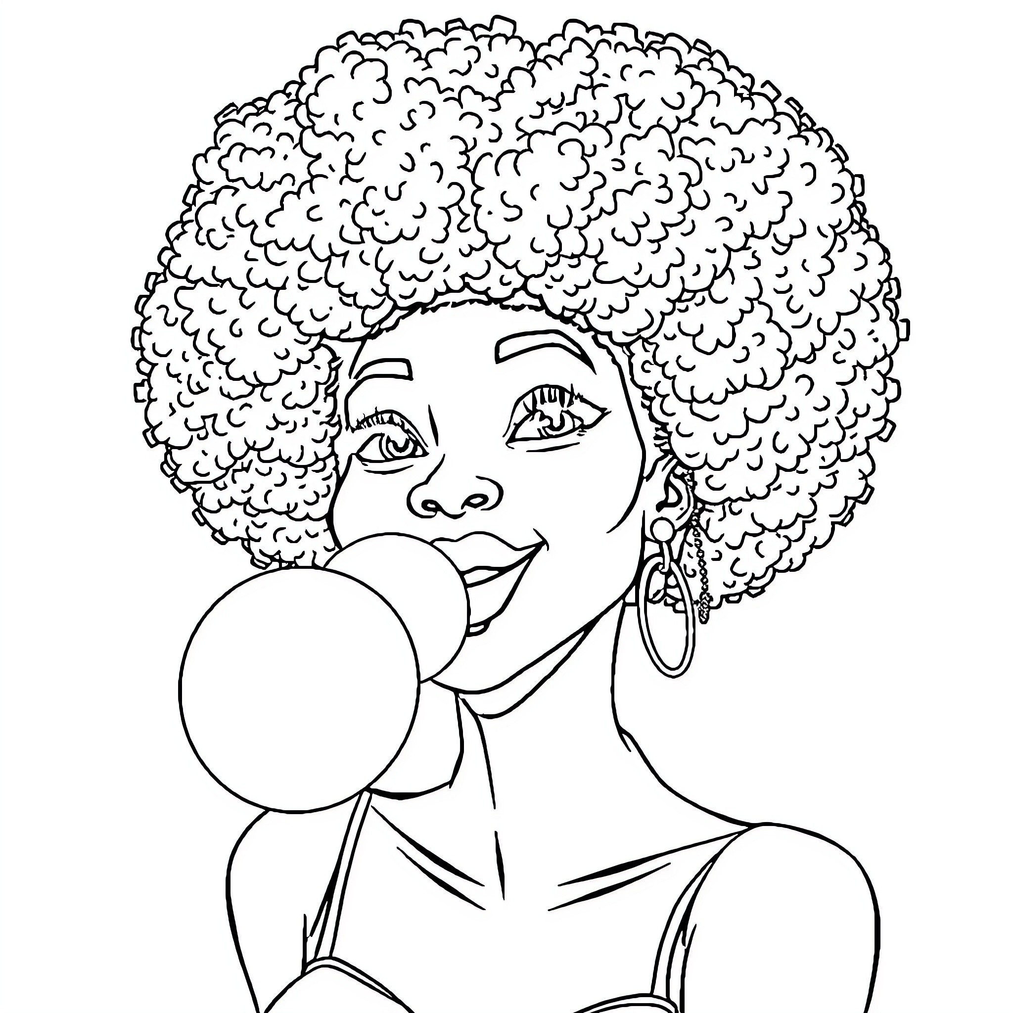 Woman with Curly Hair Blowing Bubble Gum Coloring Page (free black-and-white line drawing printable PDF for all, from beginners to advanced learners, including children, teens, adults, and seniors)