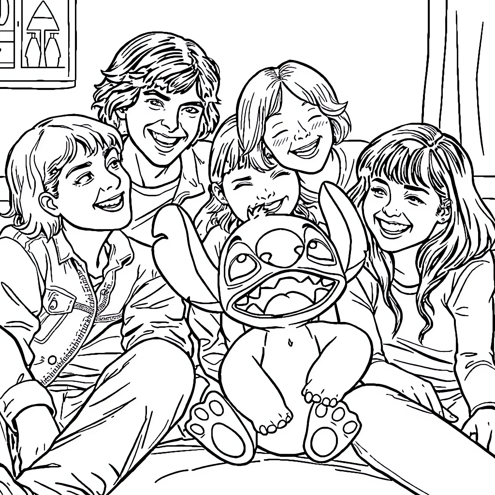 Stranger Things Family Moment with Beloved Plush Toy Coloring Page (free black-and-white line drawing printable PDF for all, from beginners to advanced learners, including children, teens, adults, and seniors)
