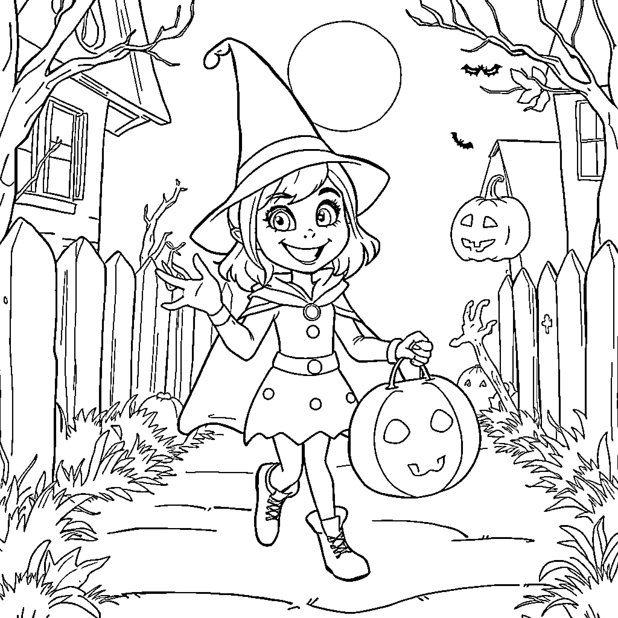 Mal's Spooky Halloween Adventure Coloring Page (free black-and-white line drawing printable PDF for all, from beginners to advanced learners, including children, teens, adults, and seniors)