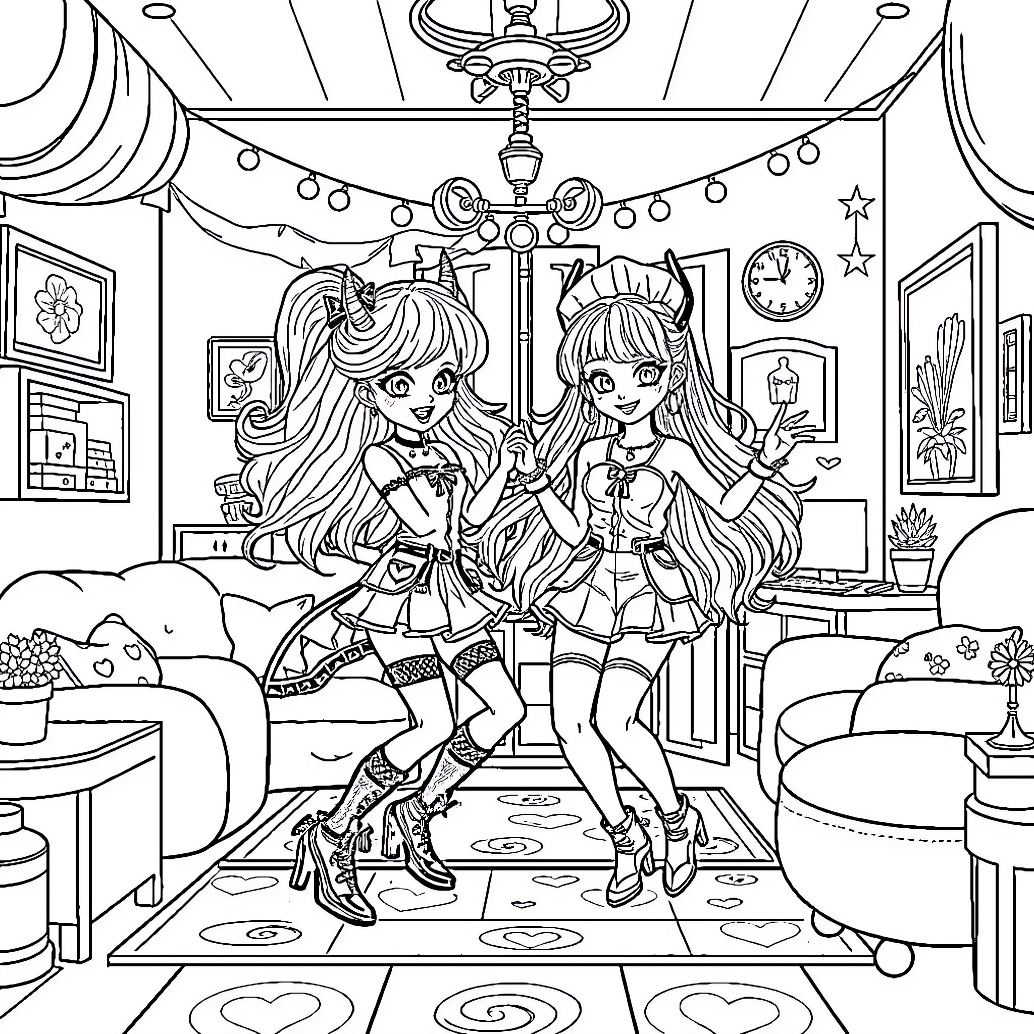 Dollhouse with Playful Anime Girls in Costume Coloring Page (free black-and-white line drawing printable PDF for all, from beginners to advanced learners, including children, teens, adults, and seniors)
