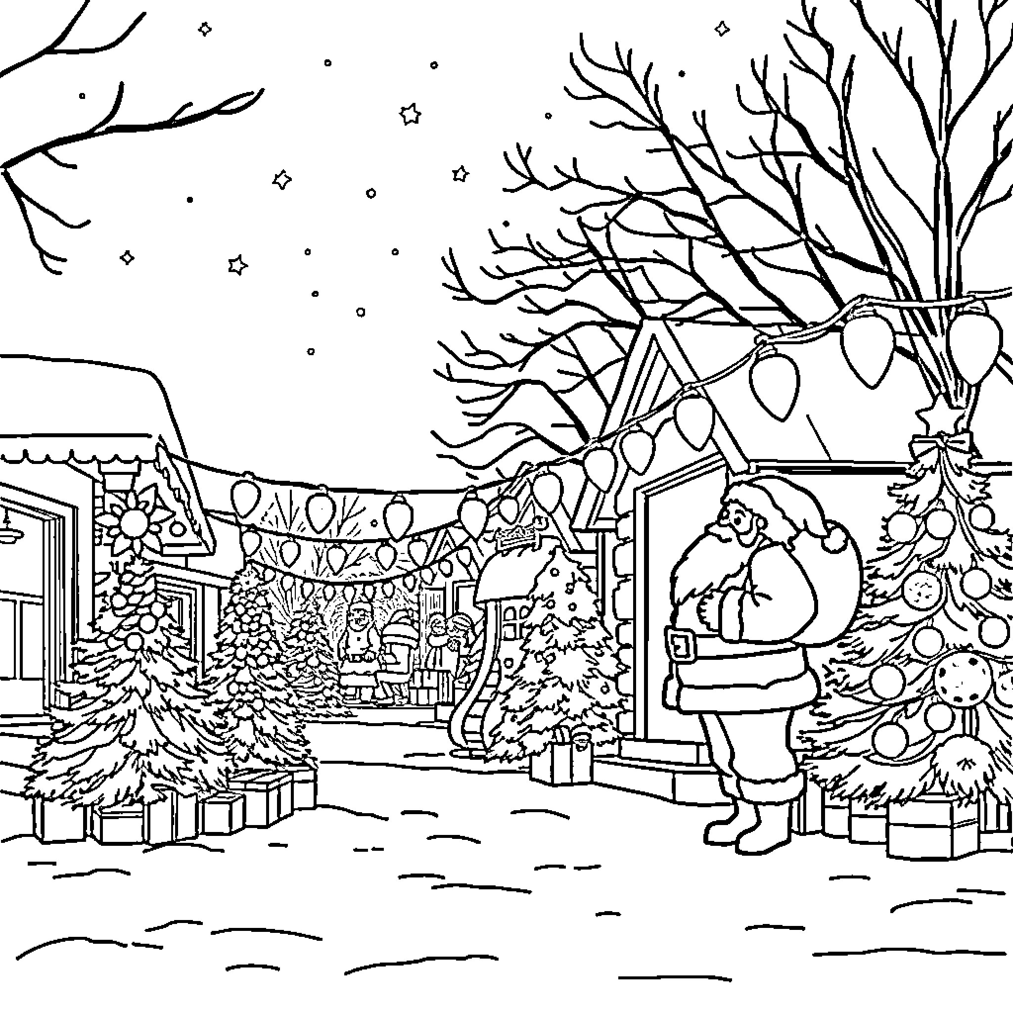 Santa's Festive Winter Wonderland Coloring Page (free black-and-white line drawing printable PDF for all, from beginners to advanced learners, including children, teens, adults, and seniors)