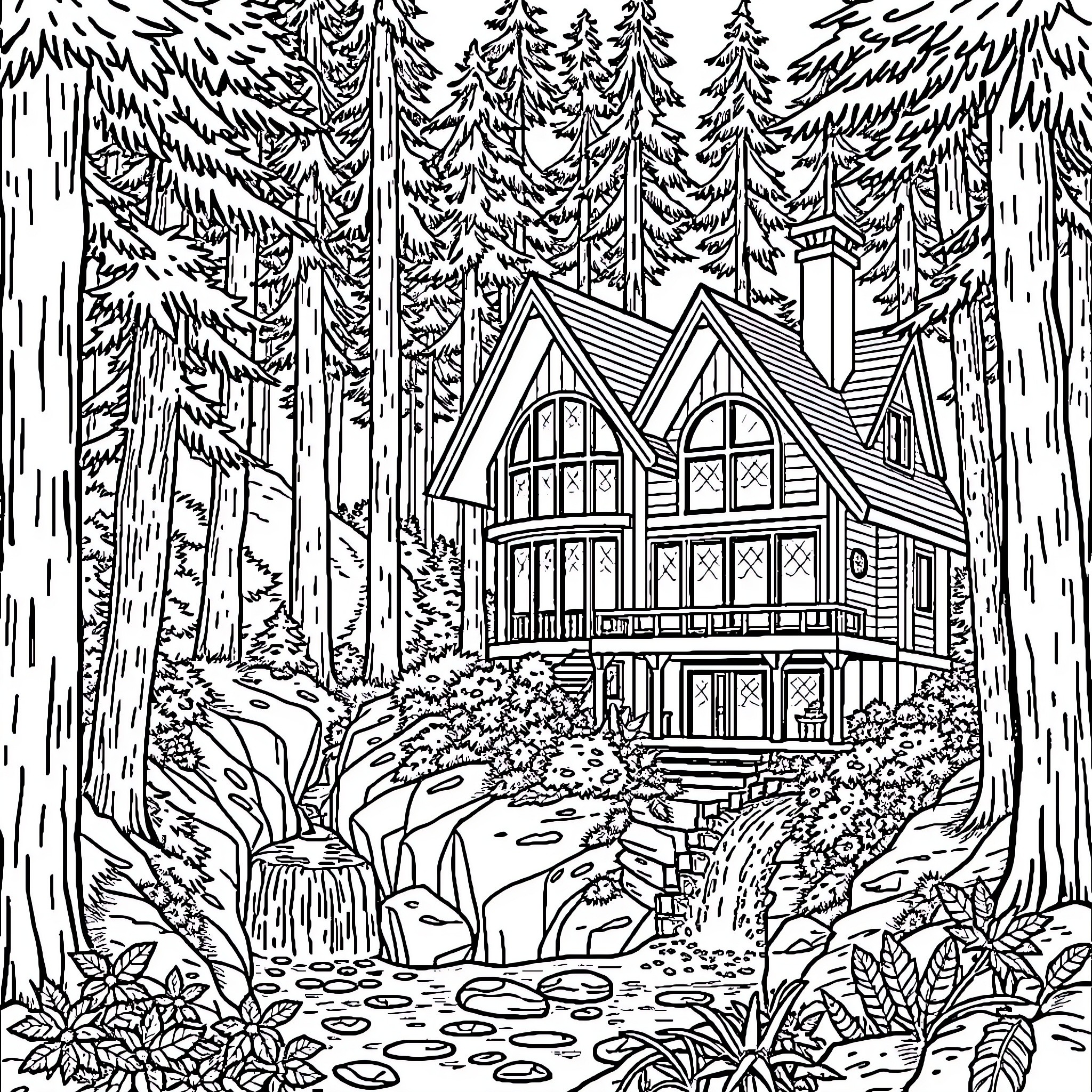 House surrounded by a tranquil forest landscape Coloring Page (free black-and-white line drawing printable PDF for all, from beginners to advanced learners, including children, teens, adults, and seniors)