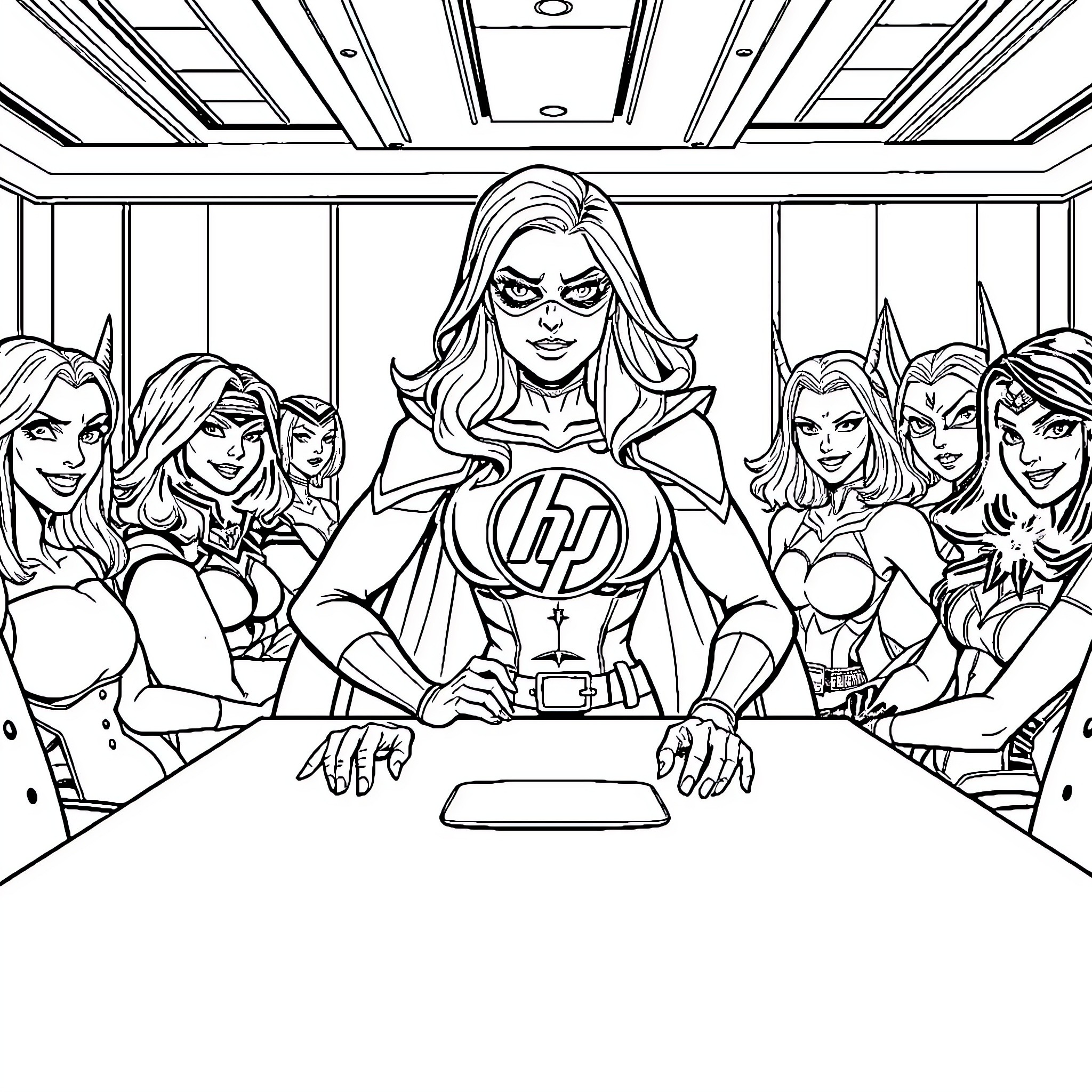 Superhero Women Assemble for an Important Meeting Coloring Page (free black-and-white line drawing printable PDF for all, from beginners to advanced learners, including children, teens, adults, and seniors)