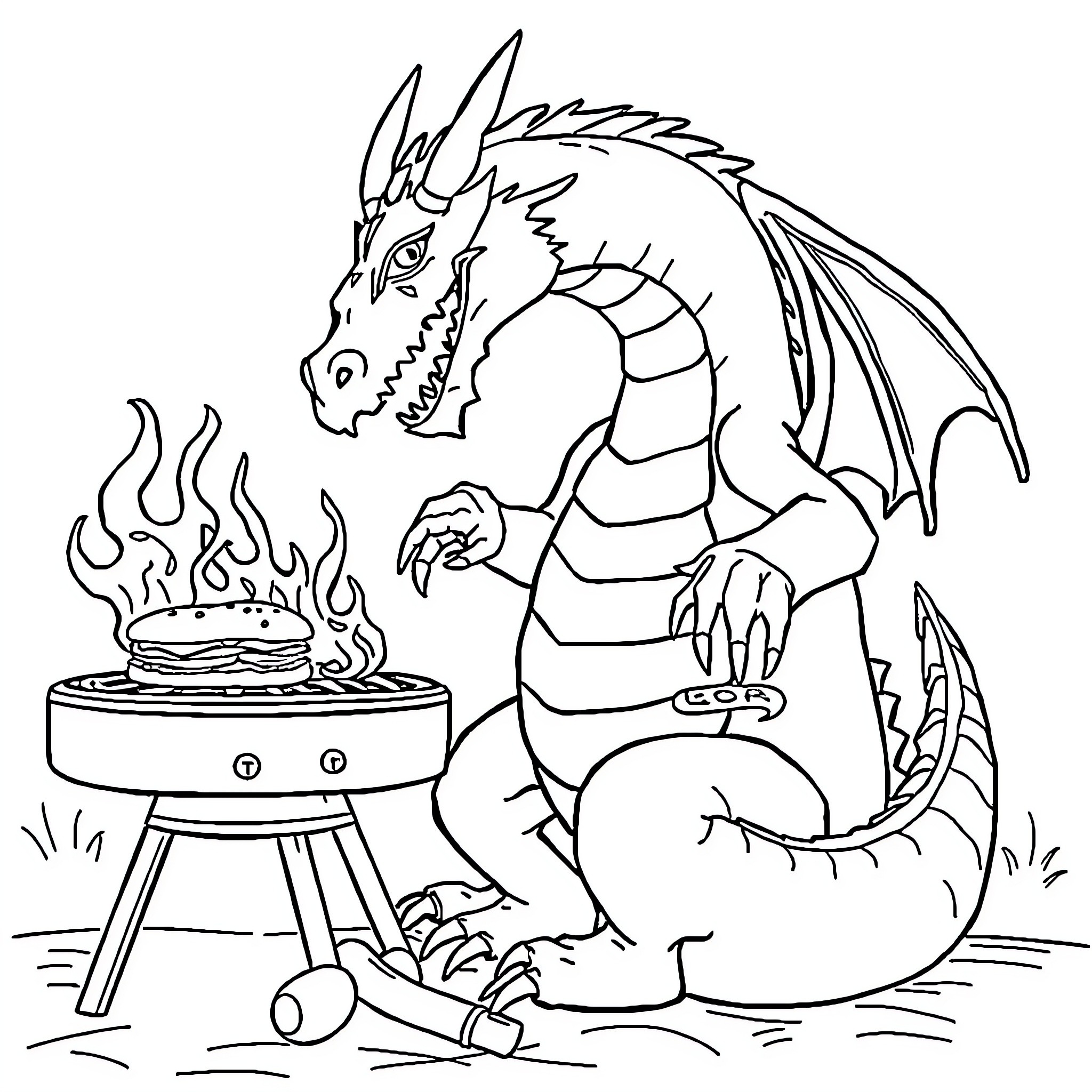 Dragon grilling food over a campfire Coloring Page (free black-and-white line drawing printable PDF for all, from beginners to advanced learners, including children, teens, adults, and seniors)