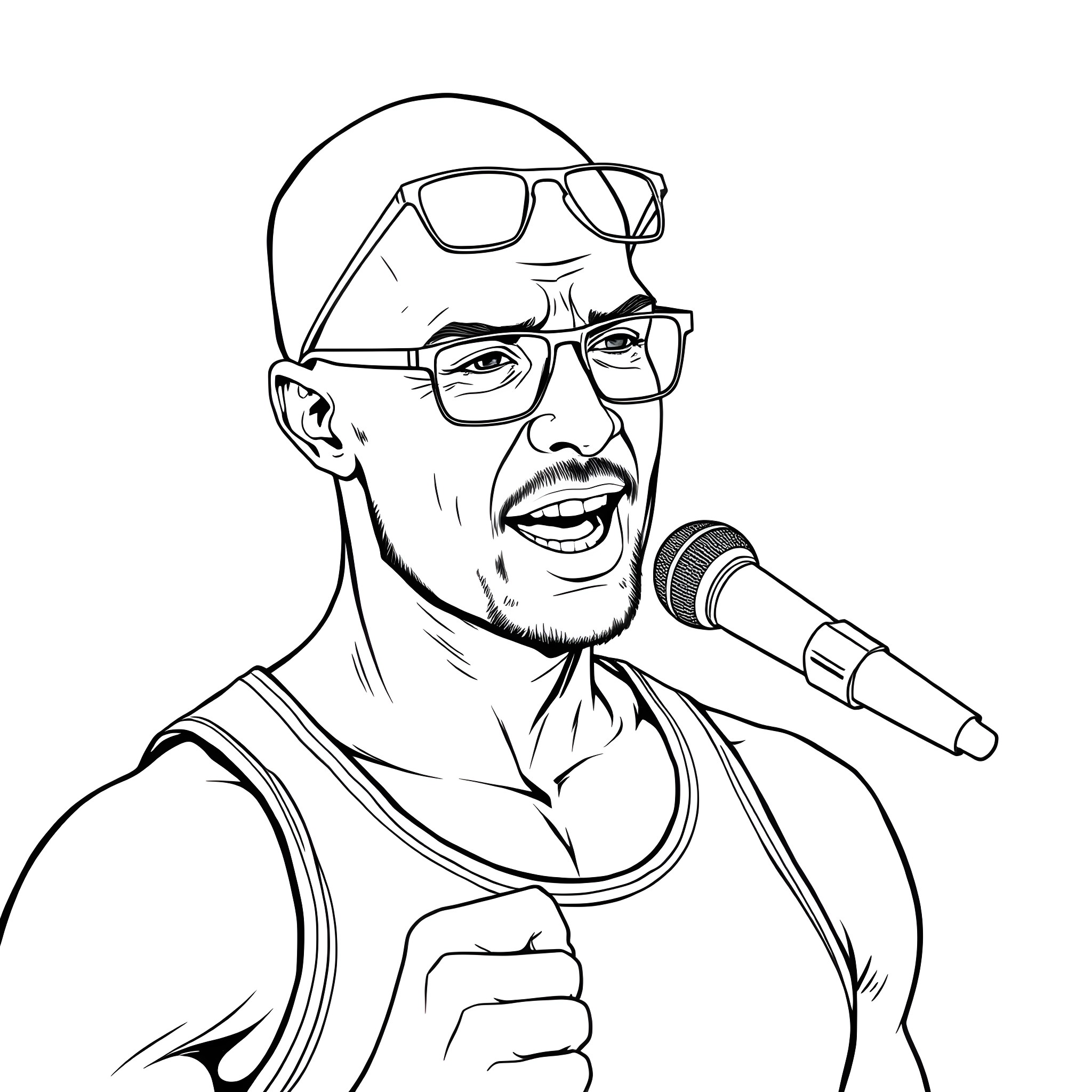 Guy Singing Excitedly on Stage with Microphone Coloring Page (free black-and-white line drawing printable PDF for all, from beginners to advanced learners, including children, teens, adults, and seniors)