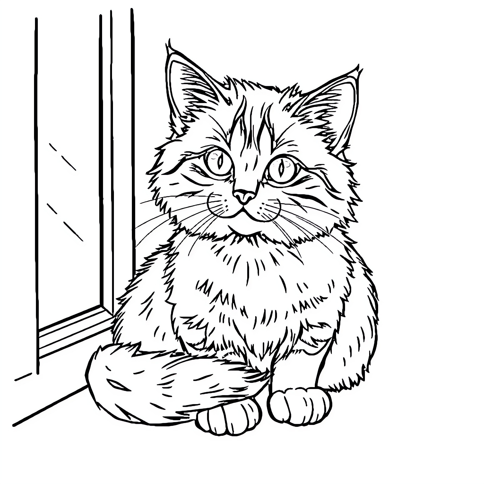 Cat staring curiously by the window Coloring Page (free black-and-white line drawing printable PDF for all, from beginners to advanced learners, including children, teens, adults, and seniors)