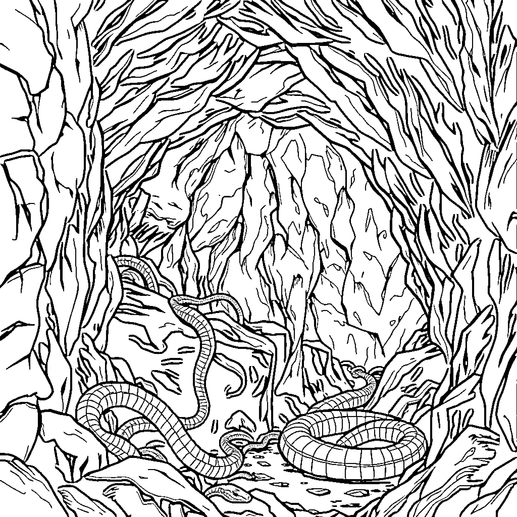 Snake coiled in mysterious forest landscape Coloring Page (free black-and-white line drawing printable PDF for all, from beginners to advanced learners, including children, teens, adults, and seniors)