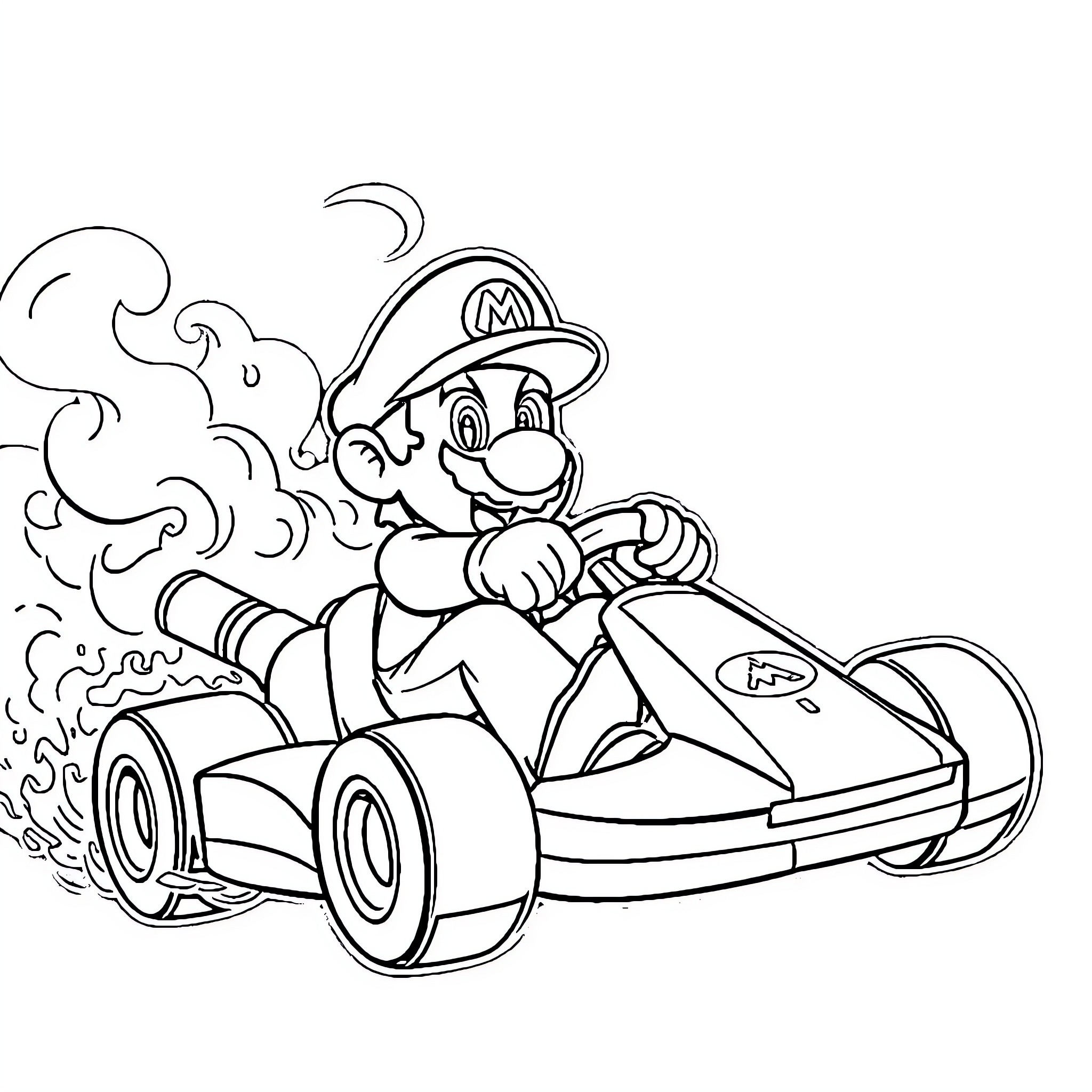 Mario racing in his kart with speed Coloring Page (free black-and-white line drawing printable PDF for all, from beginners to advanced learners, including children, teens, adults, and seniors)