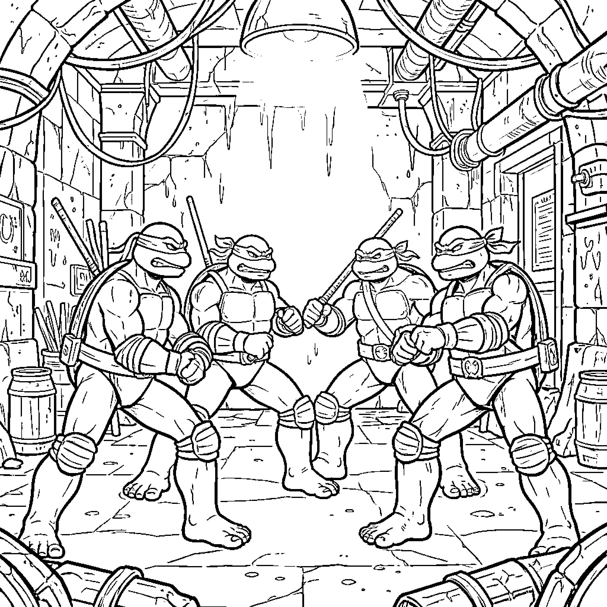 Teenage Mutant Ninja Turtles posing together in a sewer lair Coloring Page (free black-and-white line drawing printable PDF for all, from beginners to advanced learners, including children, teens, adults, and seniors)