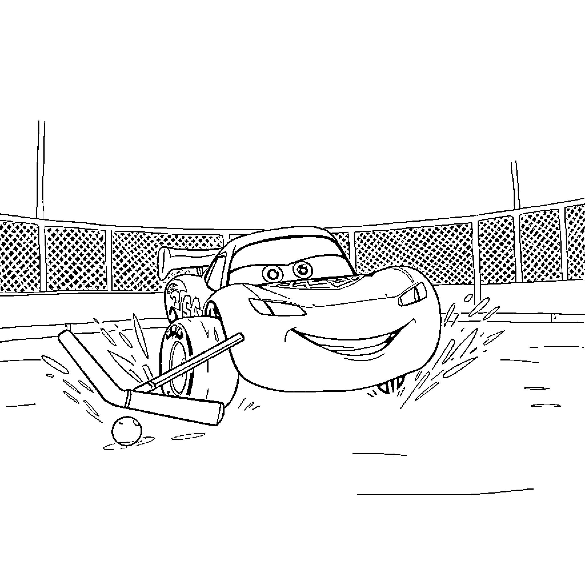 Flash McQueen speeding through race track Coloring Page (free black-and-white line drawing printable PDF for all, from beginners to advanced learners, including children, teens, adults, and seniors)