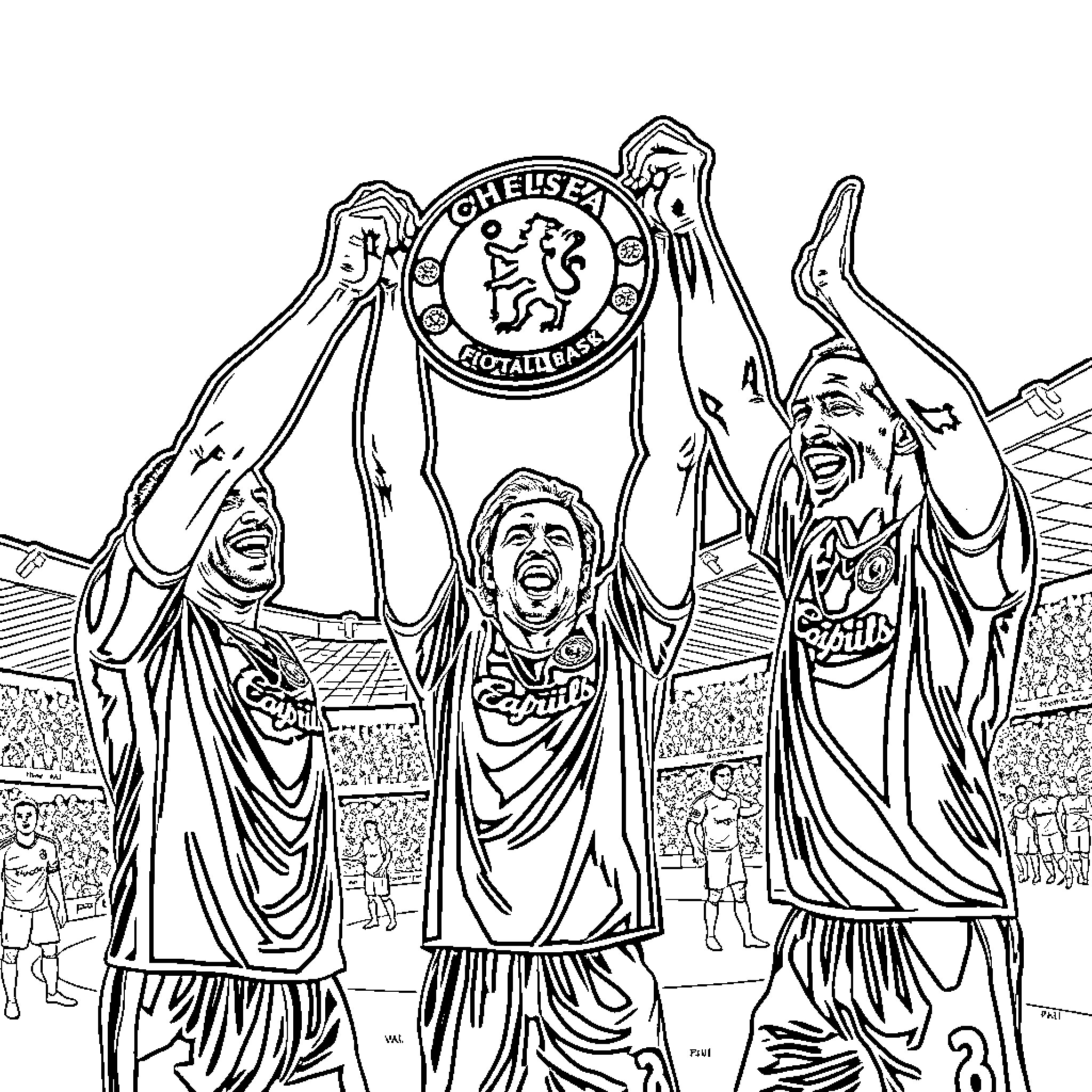 Football Players Celebrating Trophy Win in Stadium Coloring Page (free black-and-white line drawing printable PDF for all, from beginners to advanced learners, including children, teens, adults, and seniors)