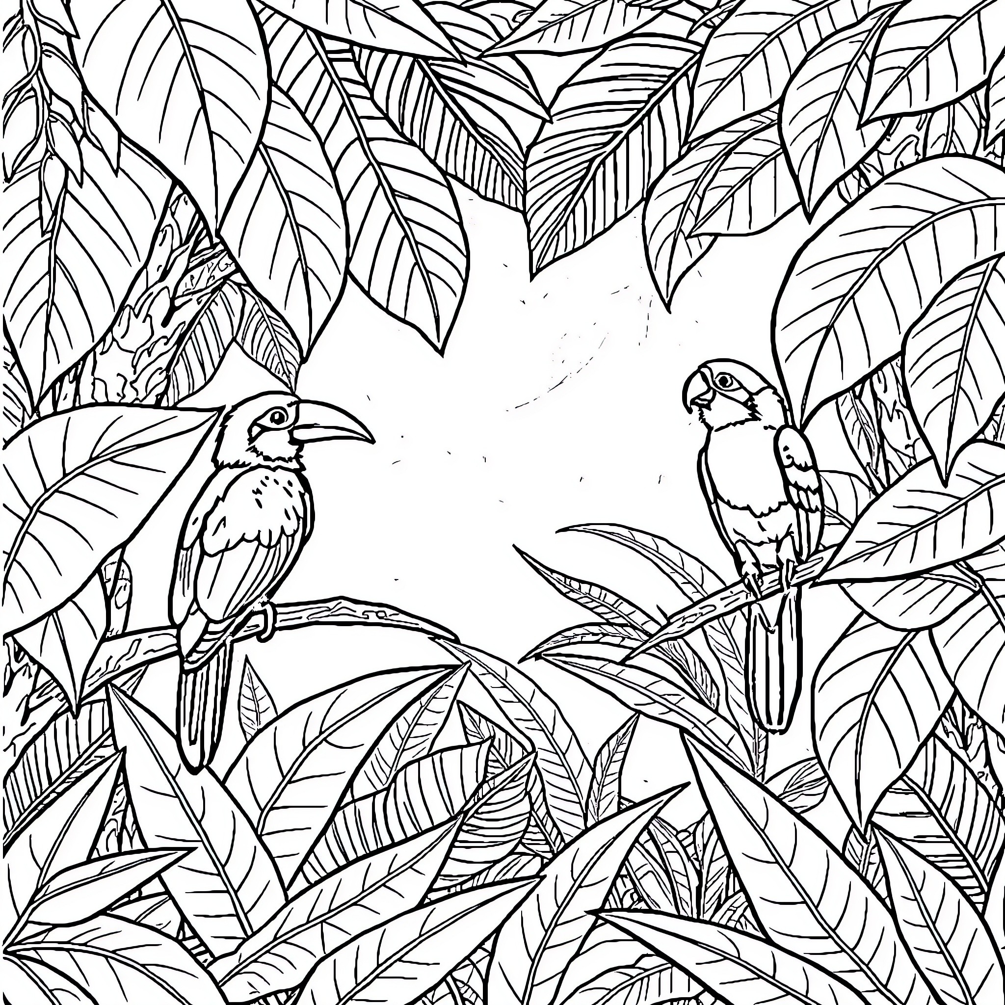 Birds in Tropical Foliage Coloring Page (free black-and-white line drawing printable PDF for all, from beginners to advanced learners, including children, teens, adults, and seniors)