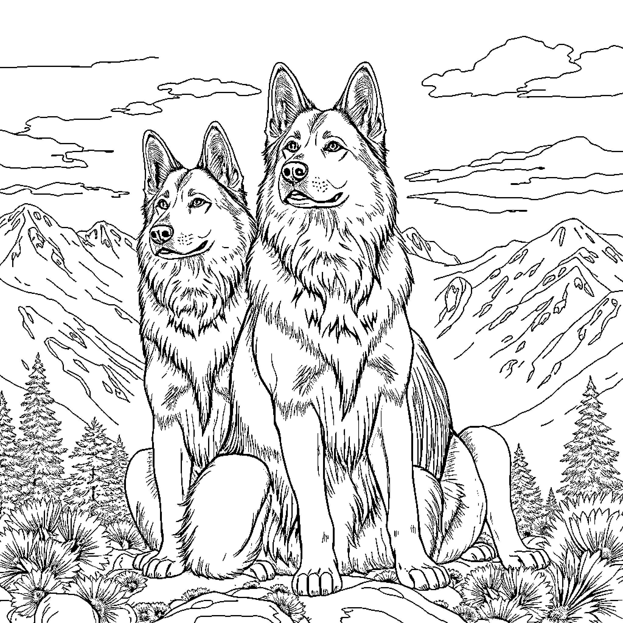 Dog companions exploring the mountain landscape Coloring Page (free black-and-white line drawing printable PDF for all, from beginners to advanced learners, including children, teens, adults, and seniors)