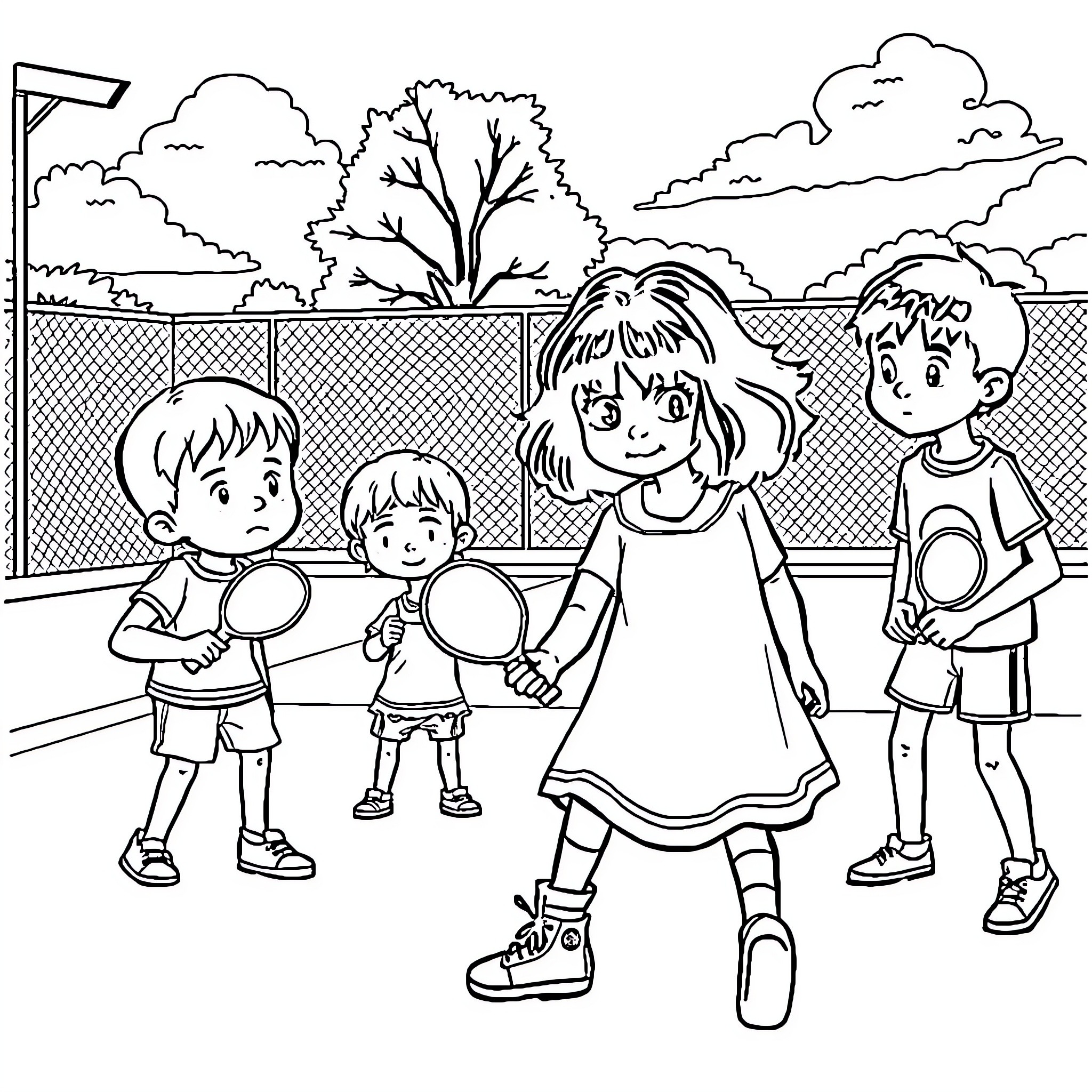 Kid playing sports with friends on playground Coloring Page (free black-and-white line drawing printable PDF for all, from beginners to advanced learners, including children, teens, adults, and seniors)