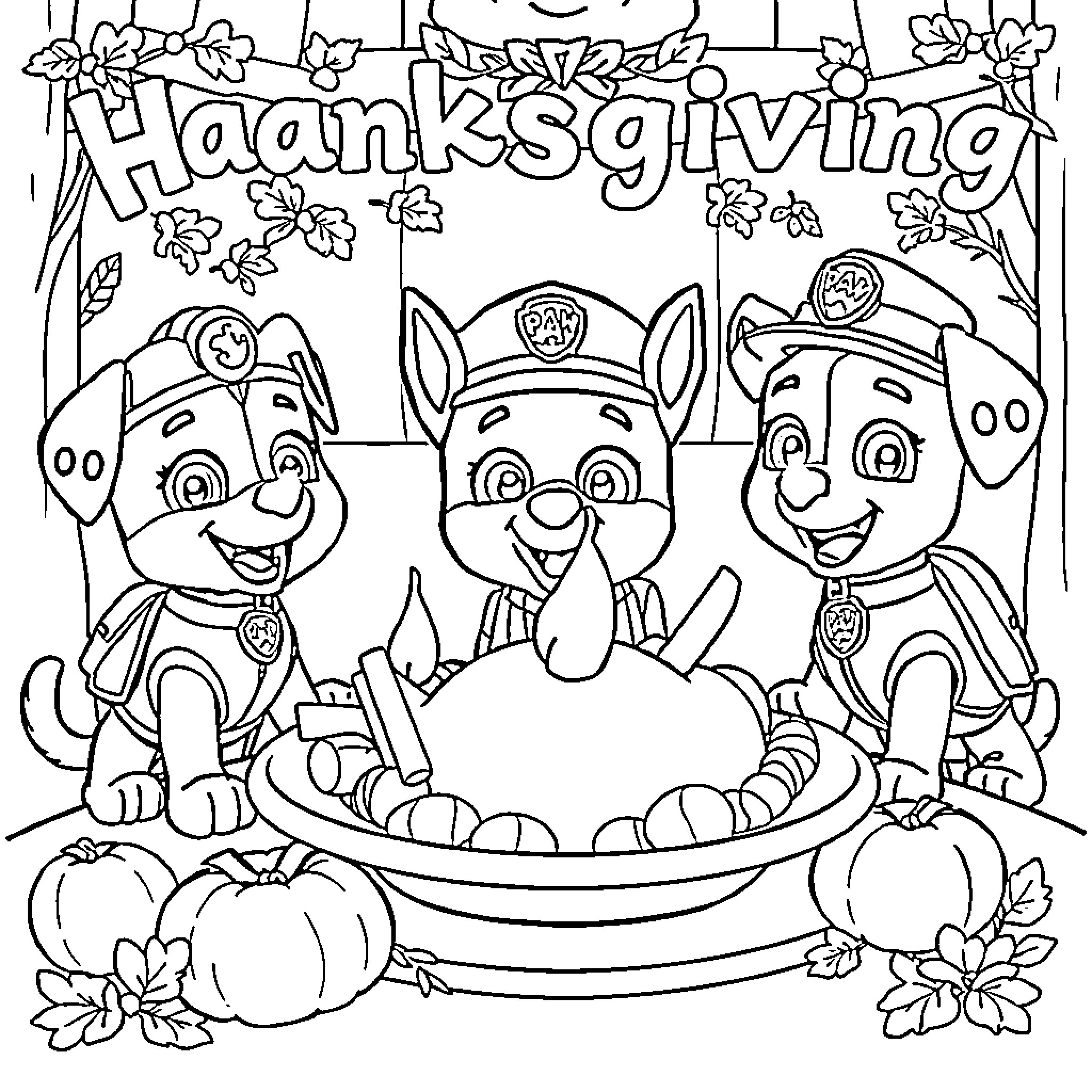 Paw Patrol Celebrating Thanksgiving Together Coloring Page (free black-and-white line drawing printable PDF for all, from beginners to advanced learners, including children, teens, adults, and seniors)