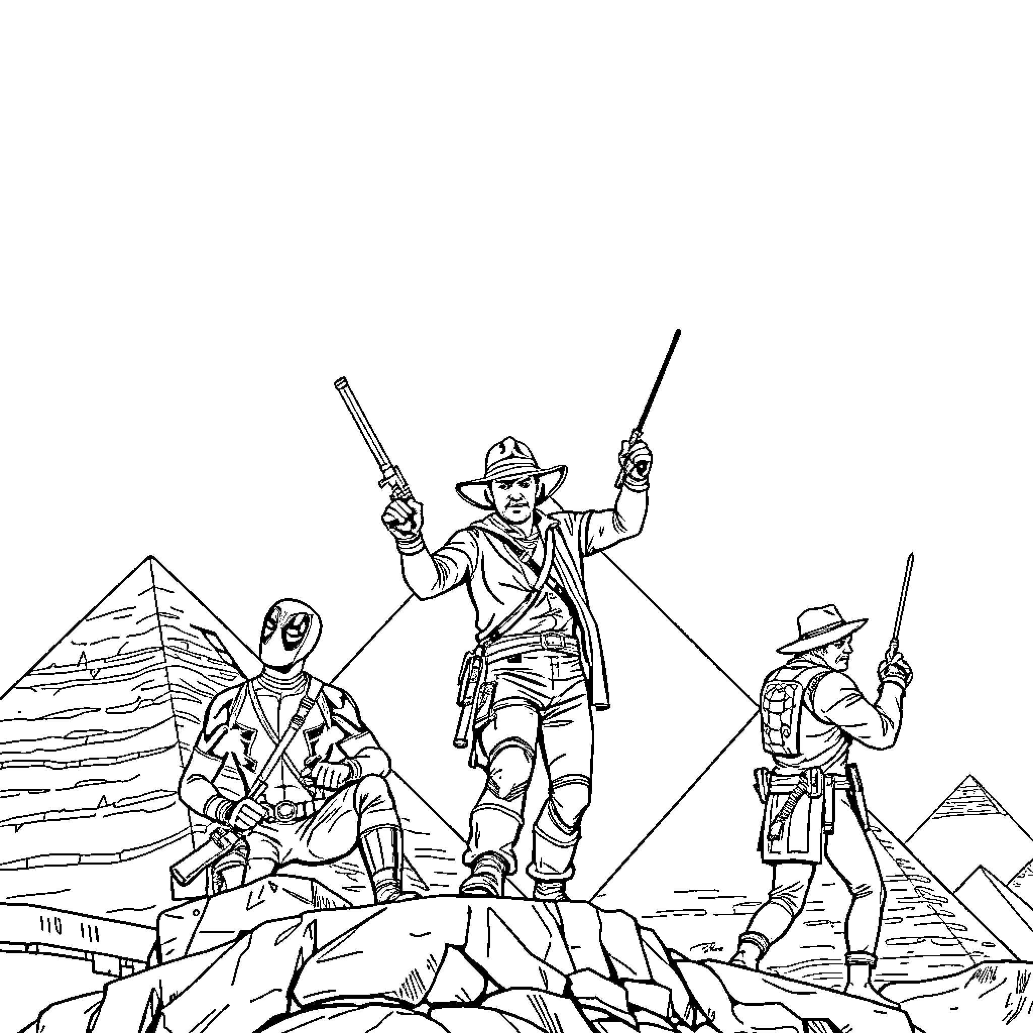 Deadpool and Friends Embark on an Adventure Coloring Page (free black-and-white line drawing printable PDF for all, from beginners to advanced learners, including children, teens, adults, and seniors)