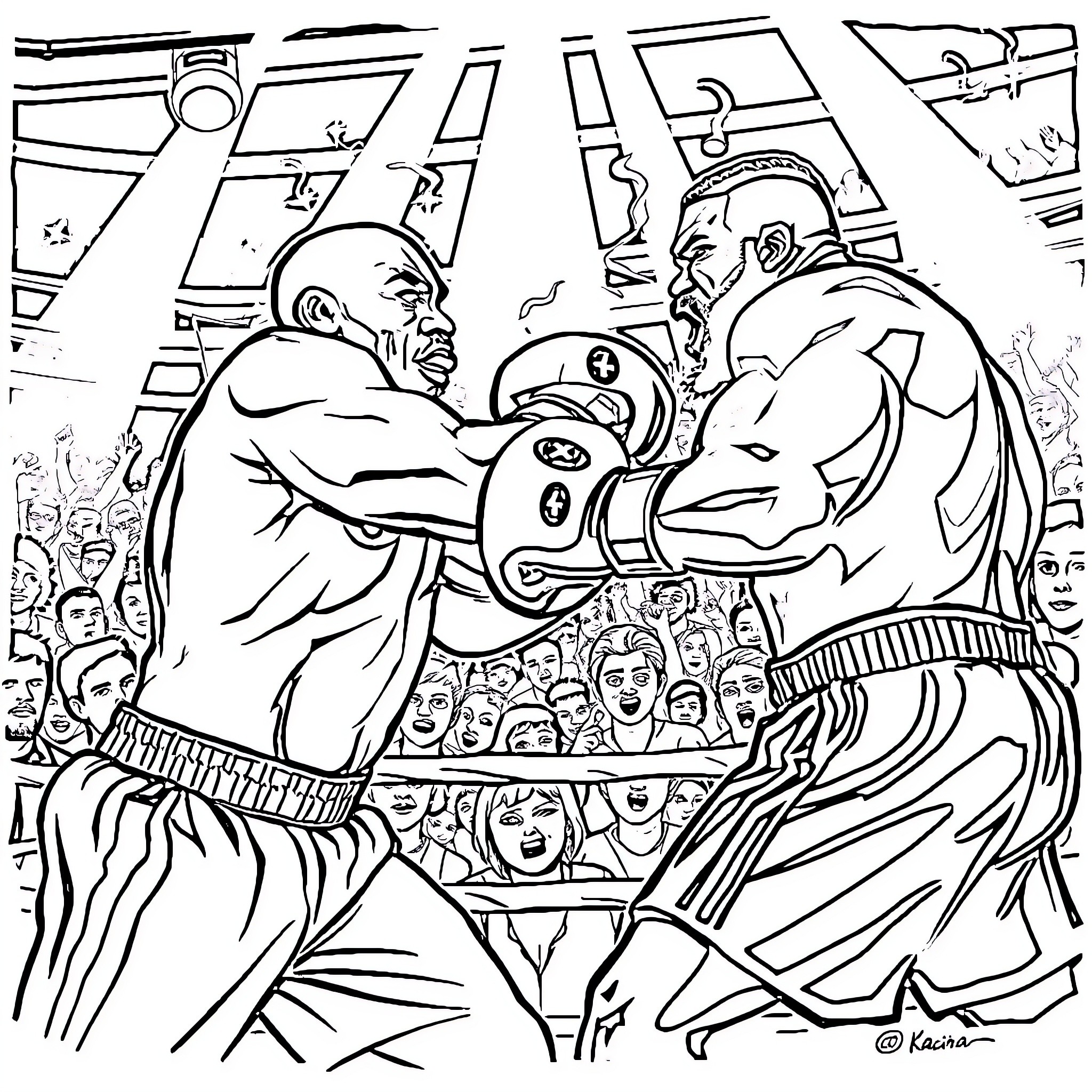 Booba: Wrestlers in fierce combat before a crowd Coloring Page (free black-and-white line drawing printable PDF for all, from beginners to advanced learners, including children, teens, adults, and seniors)