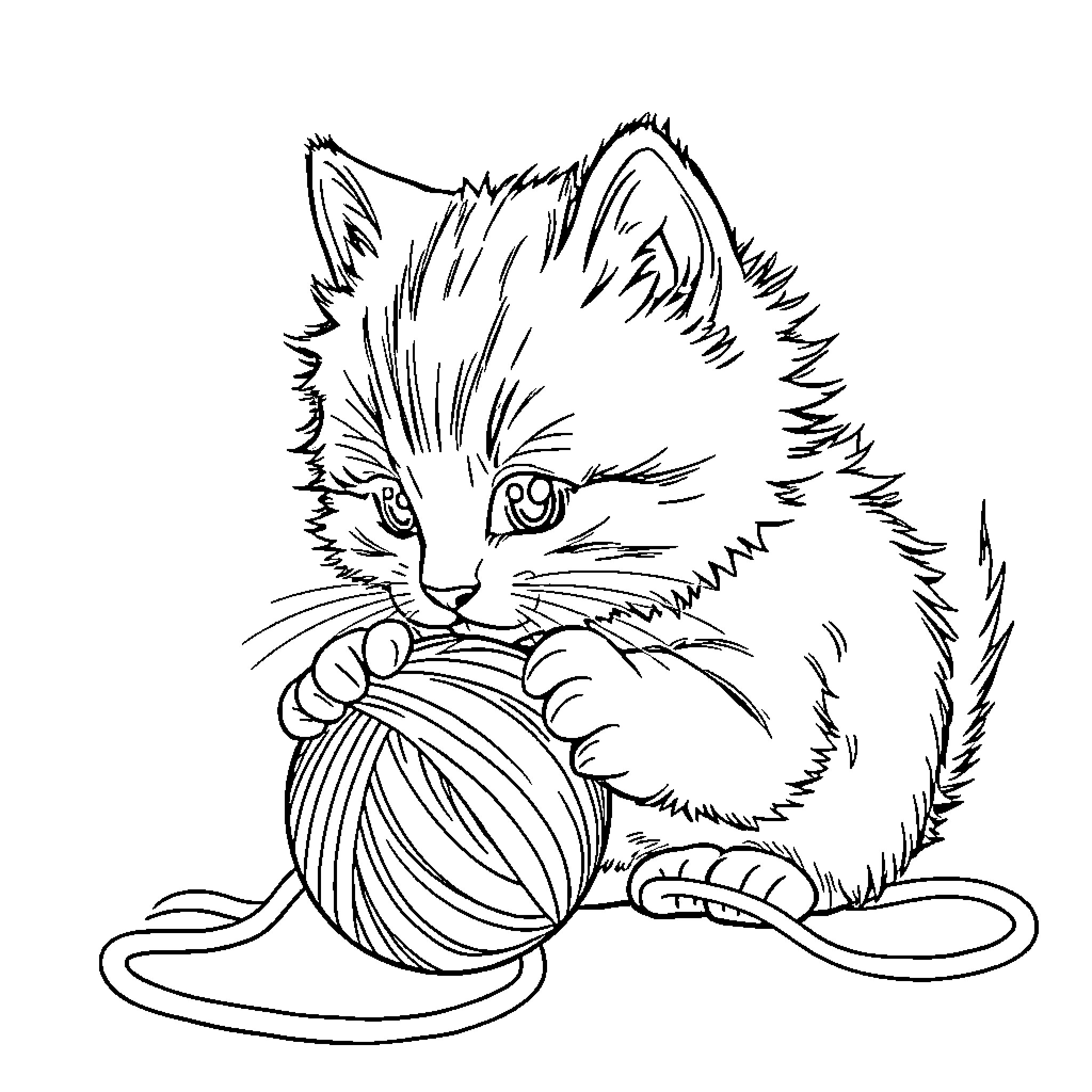 Cat playing with yarn Coloring Page (free black-and-white line drawing printable PDF for all, from beginners to advanced learners, including children, teens, adults, and seniors)