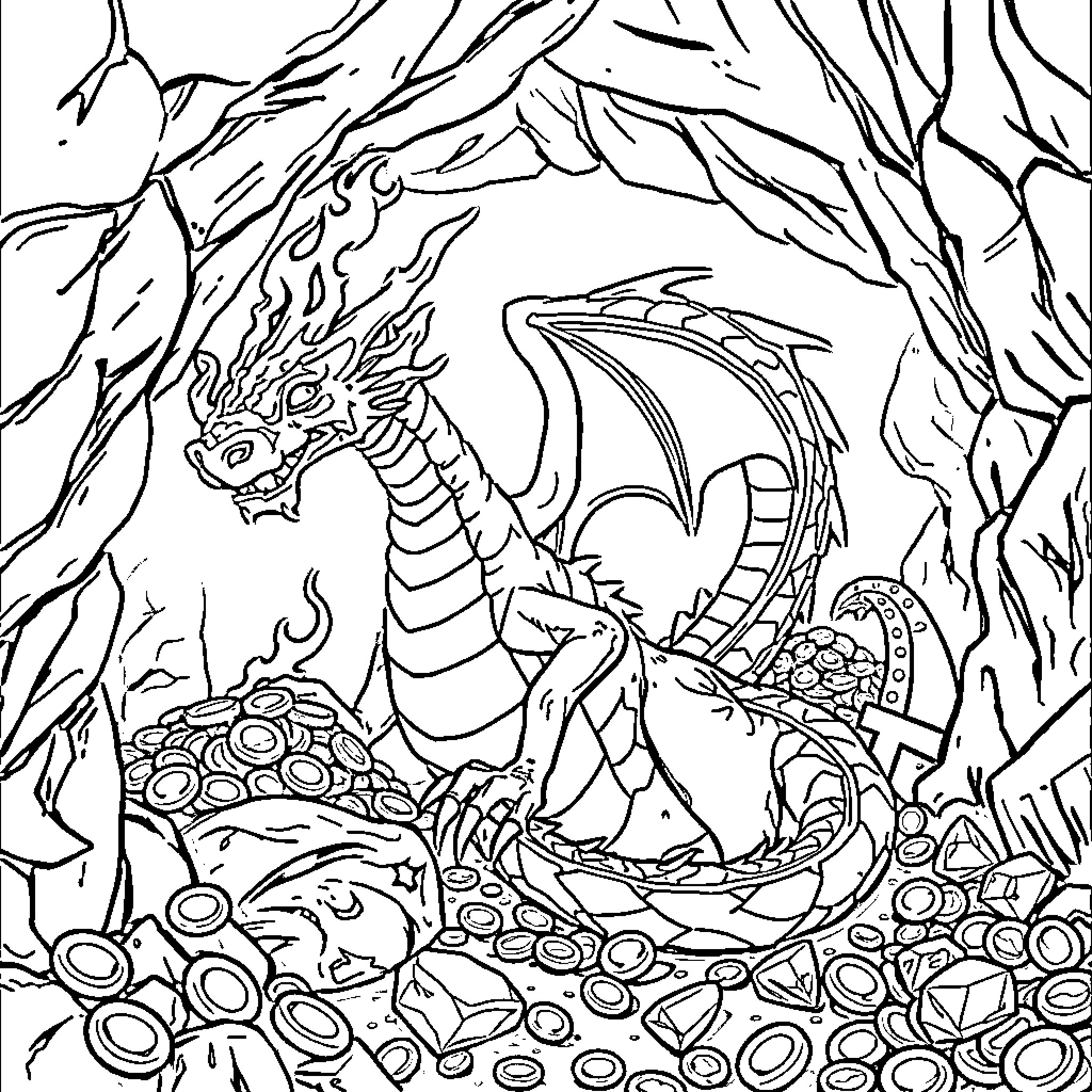 Drache guardian of the enchanted forest Coloring Page (free black-and-white line drawing printable PDF for all, from beginners to advanced learners, including children, teens, adults, and seniors)