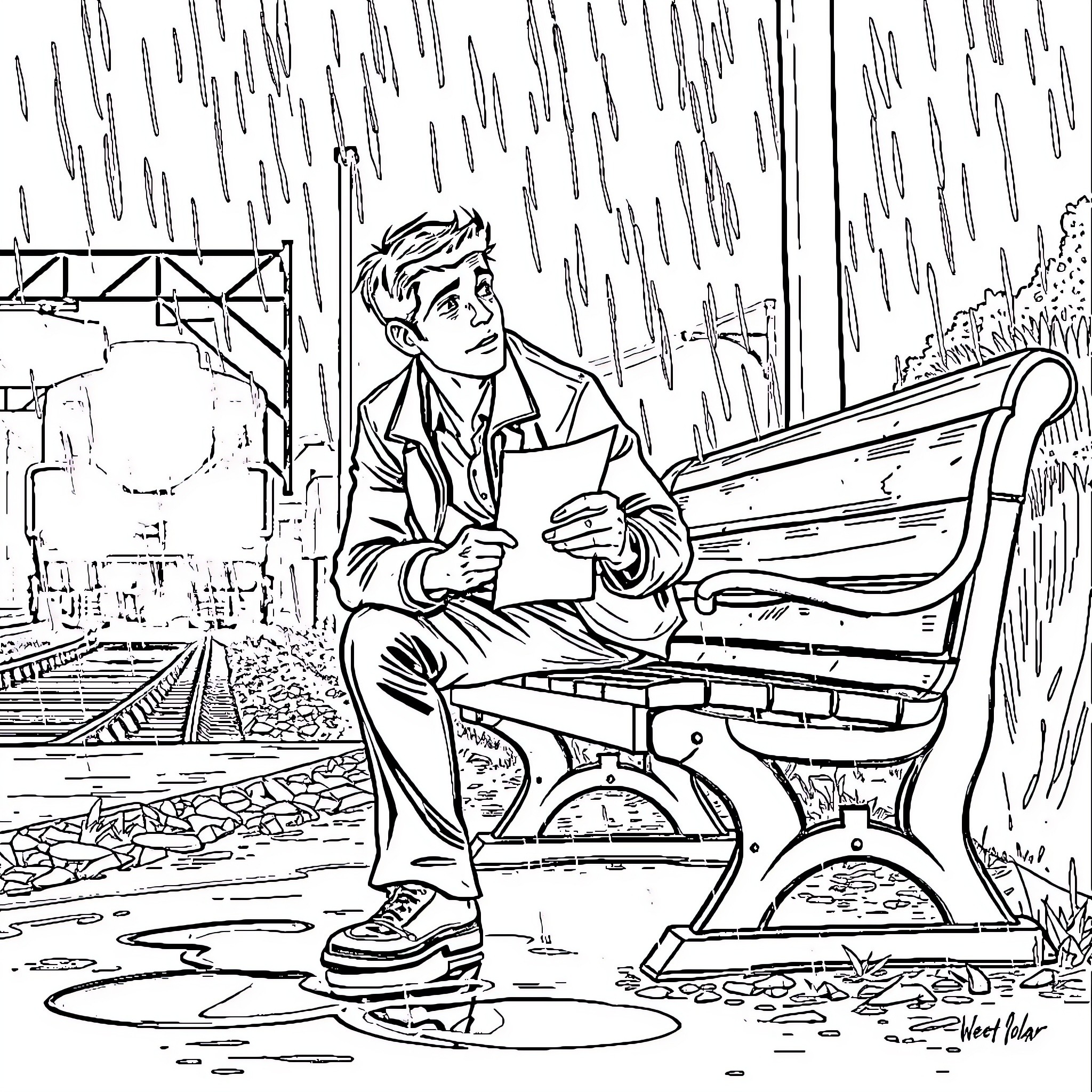 Man sitting alone on a bench in the rain Coloring Page (free black-and-white line drawing printable PDF for all, from beginners to advanced learners, including children, teens, adults, and seniors)