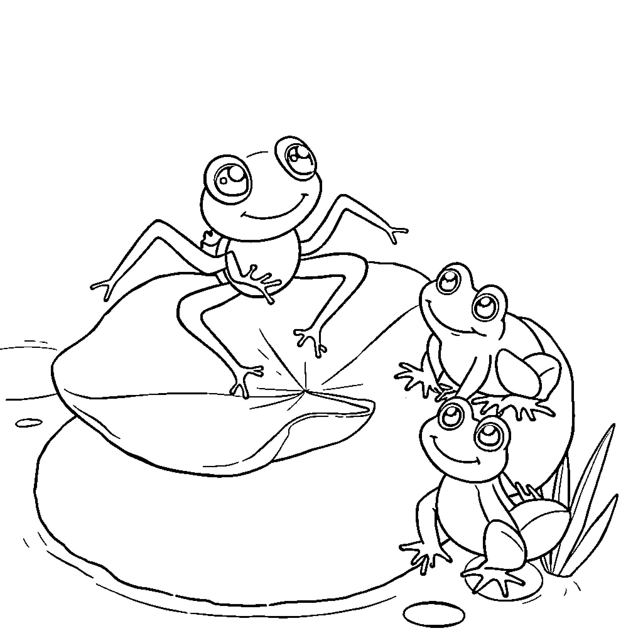 Spider Frogs Playing on Lily Pad Coloring Page (free black-and-white line drawing printable PDF for all, from beginners to advanced learners, including children, teens, adults, and seniors)