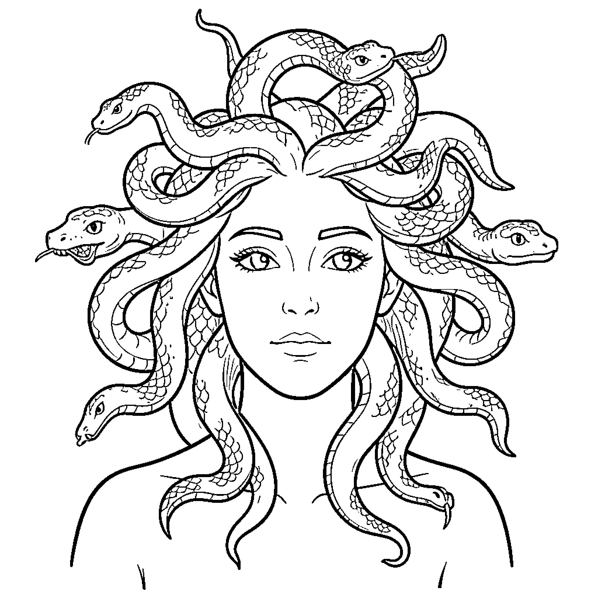 Medusa and her Serpentine Locks Coloring Page (free black-and-white line drawing printable PDF for all, from beginners to advanced learners, including children, teens, adults, and seniors)