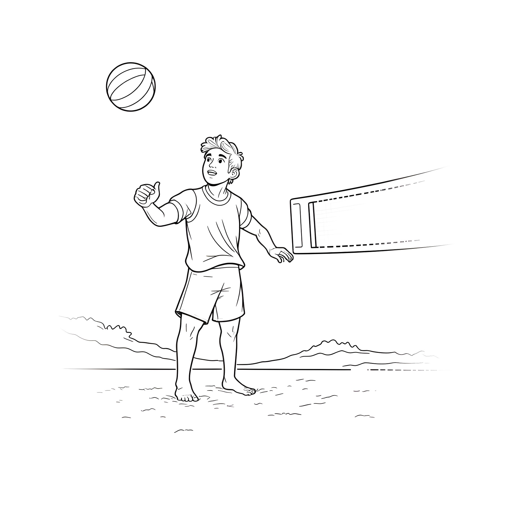 Maverick boy playing joyfully with a ball on the beach Coloring Page (free black-and-white line drawing printable PDF for all, from beginners to advanced learners, including children, teens, adults, and seniors)