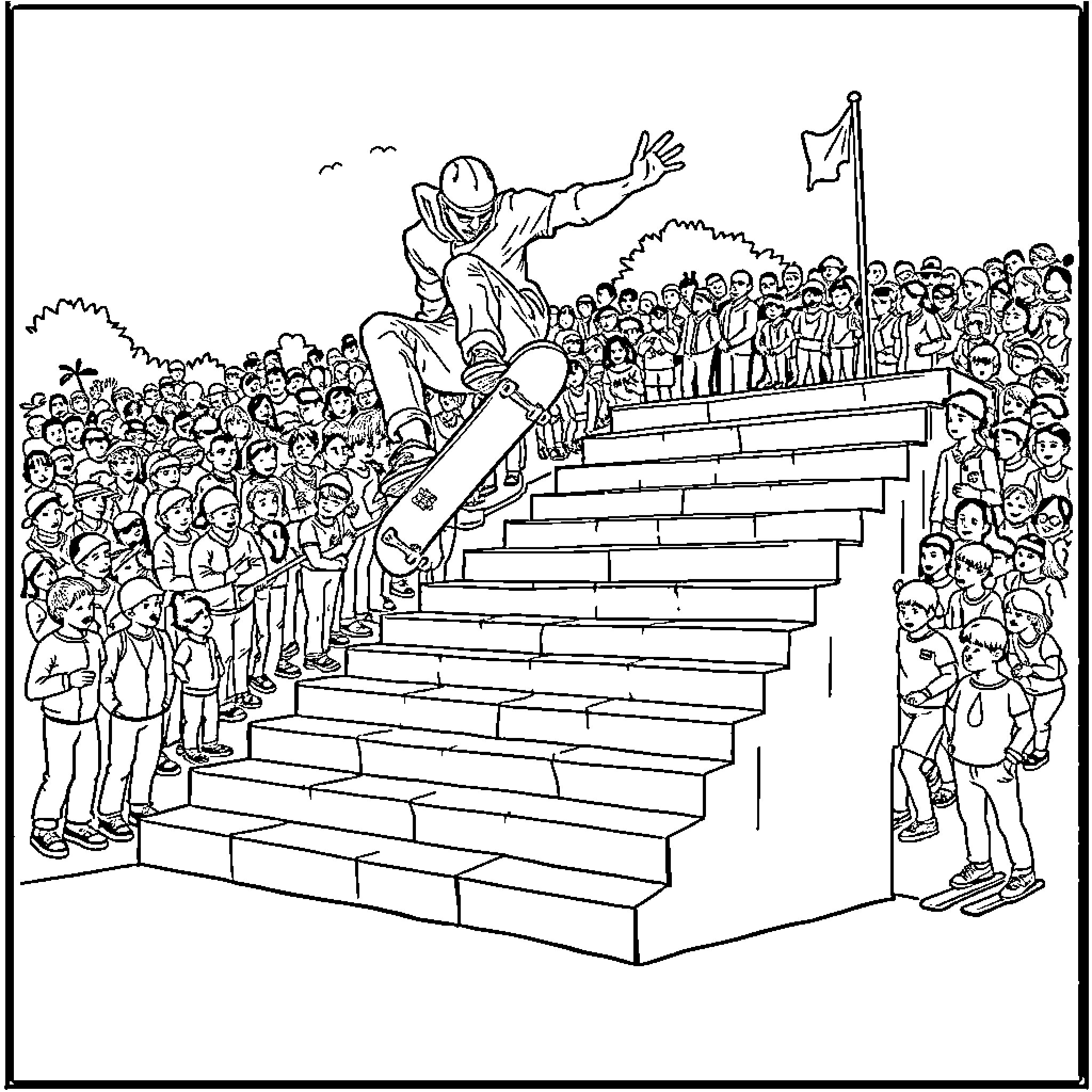 Joe Rogan inspiring the crowd on stage Coloring Page (free black-and-white line drawing printable PDF for all, from beginners to advanced learners, including children, teens, adults, and seniors)