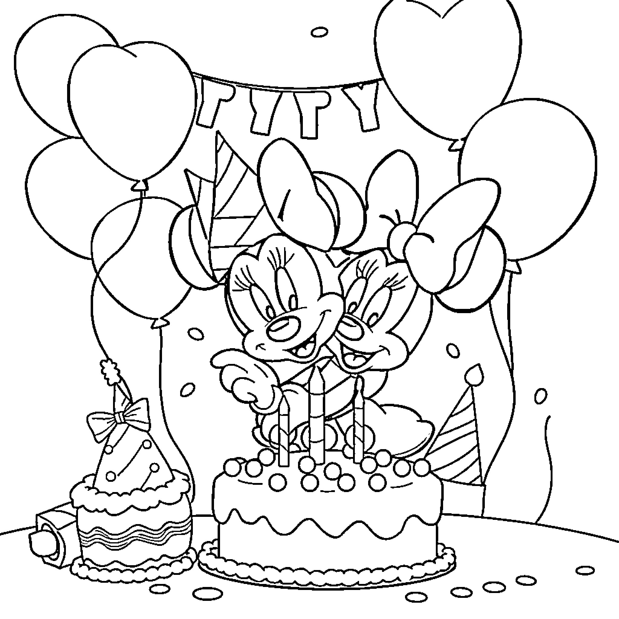 Minnie Mouse's Festive Birthday Celebration Coloring Page (free black-and-white line drawing printable PDF for all, from beginners to advanced learners, including children, teens, adults, and seniors)