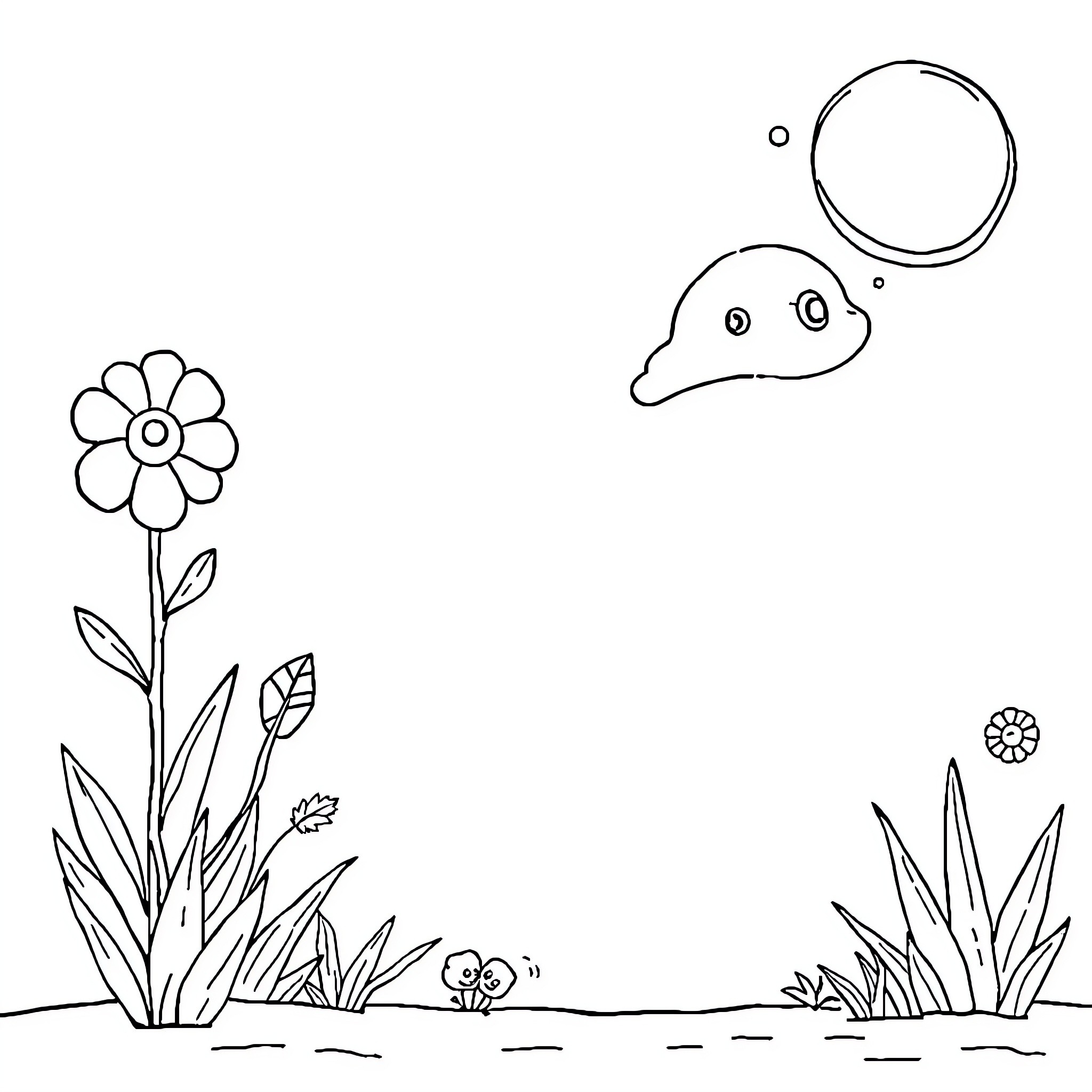 Playful creature floating in natural setting Coloring Page (free black-and-white line drawing printable PDF for all, from beginners to advanced learners, including children, teens, adults, and seniors)