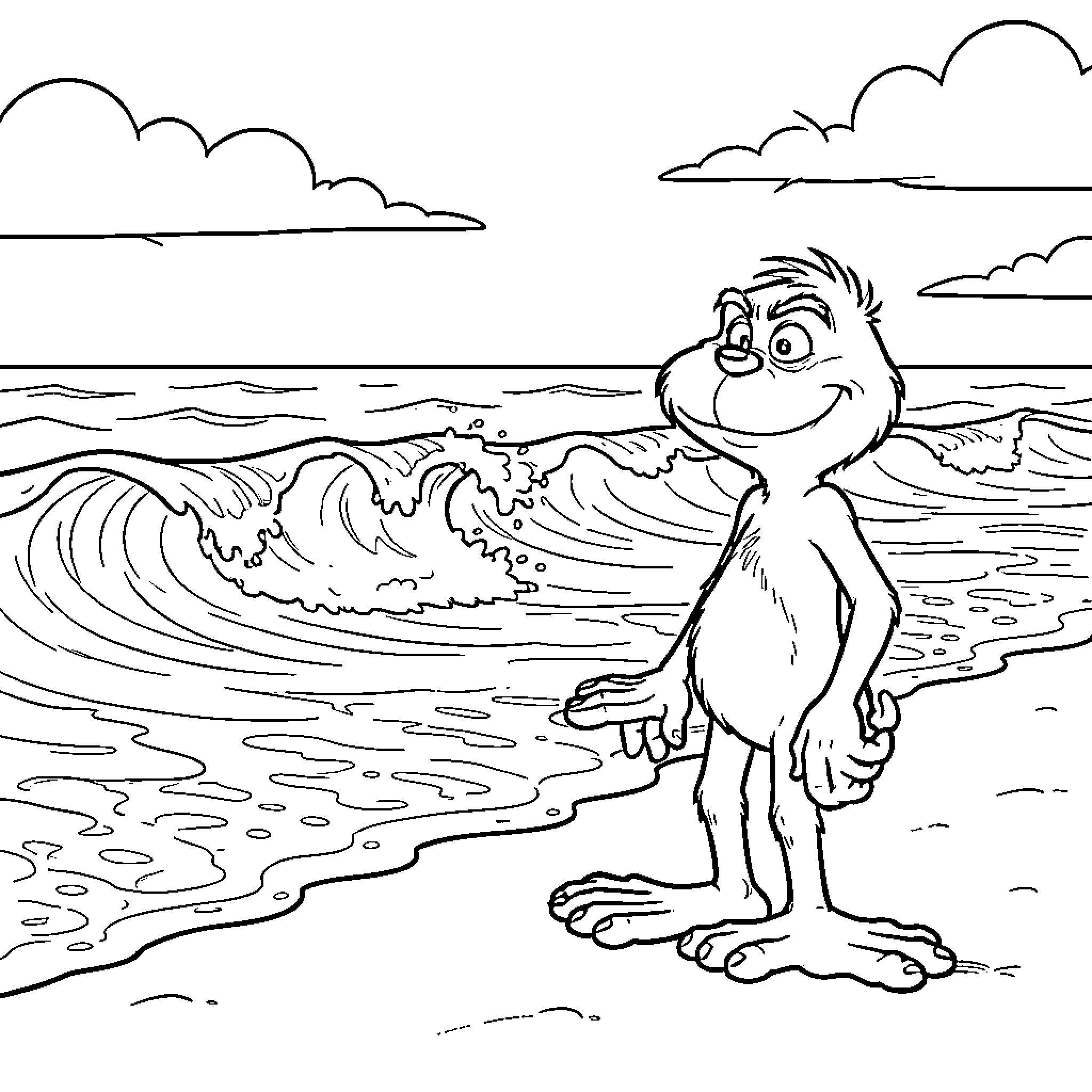 Grinch smiling while standing on a sandy beach Coloring Page (free black-and-white line drawing printable PDF for all, from beginners to advanced learners, including children, teens, adults, and seniors)