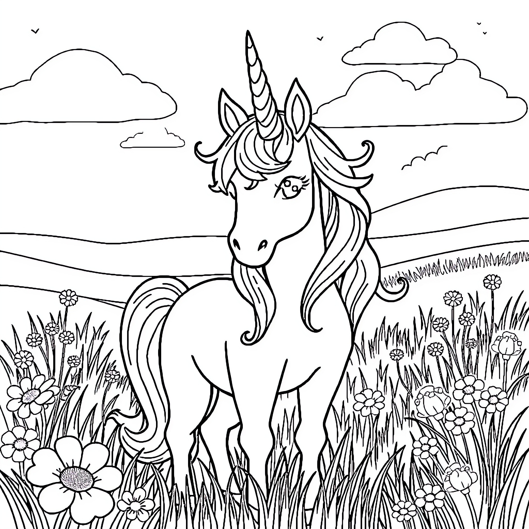 Unicorn prancing in a floral meadow Coloring Page (free black-and-white line drawing printable PDF for all, from beginners to advanced learners, including children, teens, adults, and seniors)