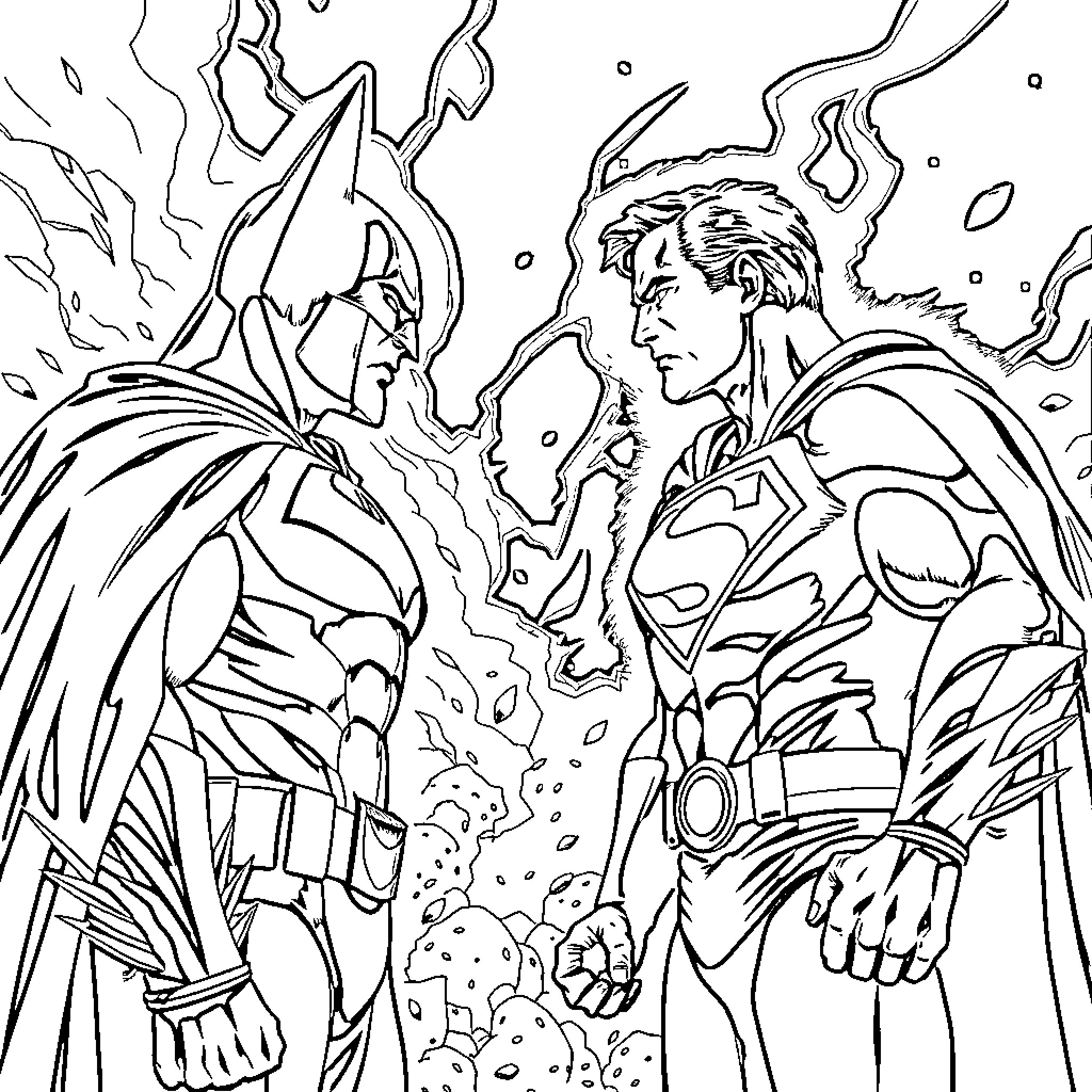 Batman vs Superman in an epic battle Coloring Page (free black-and-white line drawing printable PDF for all, from beginners to advanced learners, including children, teens, adults, and seniors)