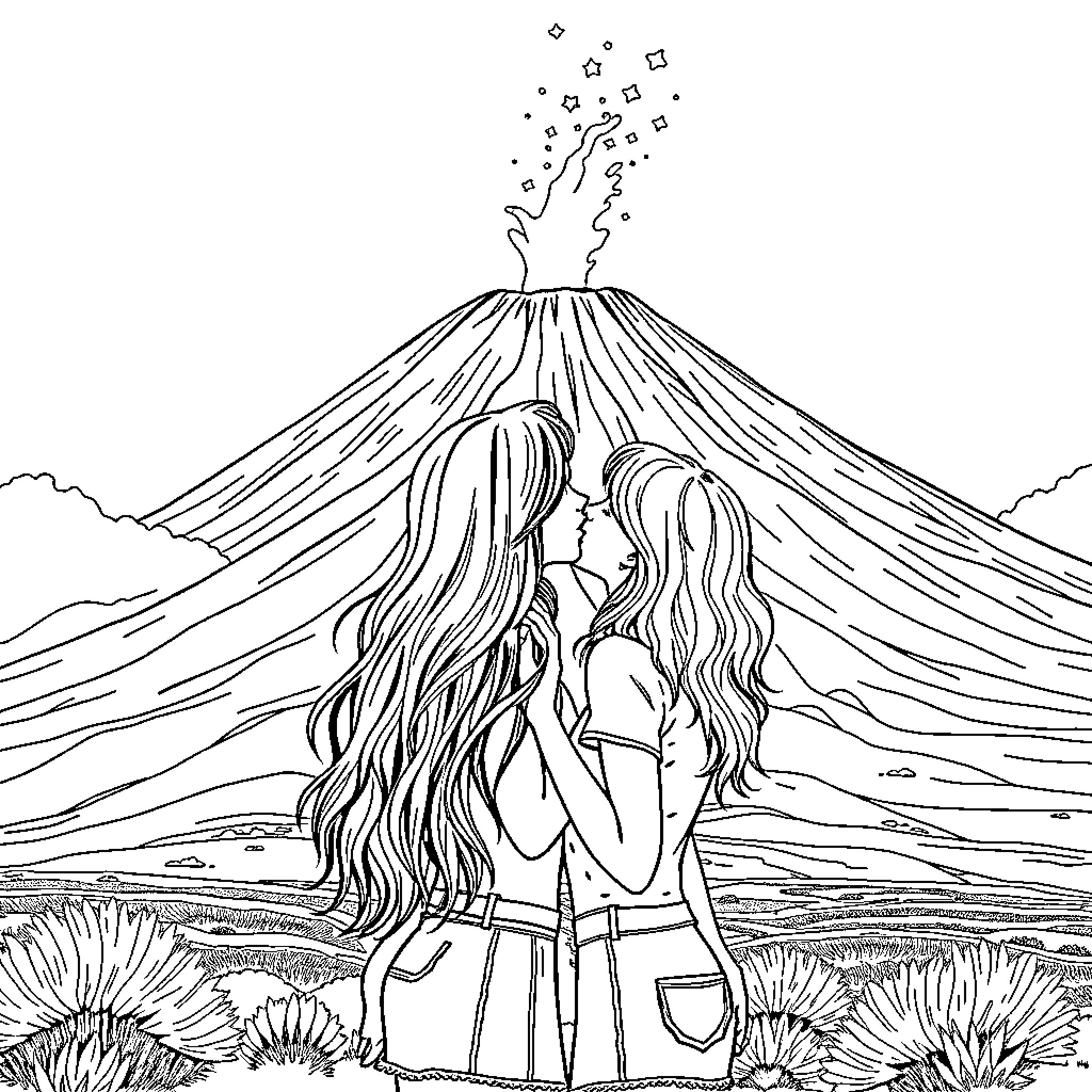 Girl and companion admire erupting volcano Coloring Page (free black-and-white line drawing printable PDF for all, from beginners to advanced learners, including children, teens, adults, and seniors)