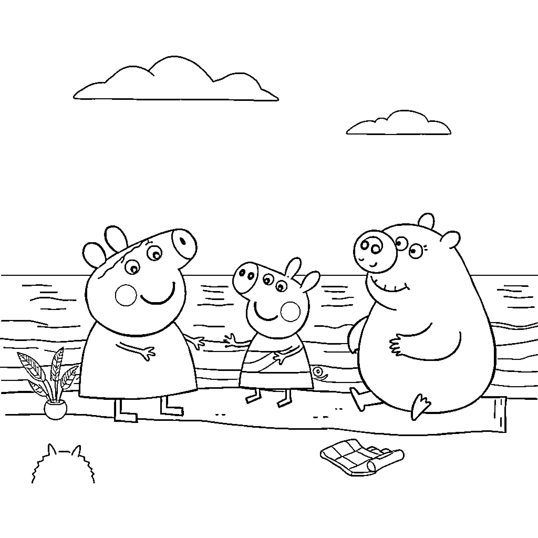 Sam's Family Fun on the Beach Coloring Page (free black-and-white line drawing printable PDF for all, from beginners to advanced learners, including children, teens, adults, and seniors)