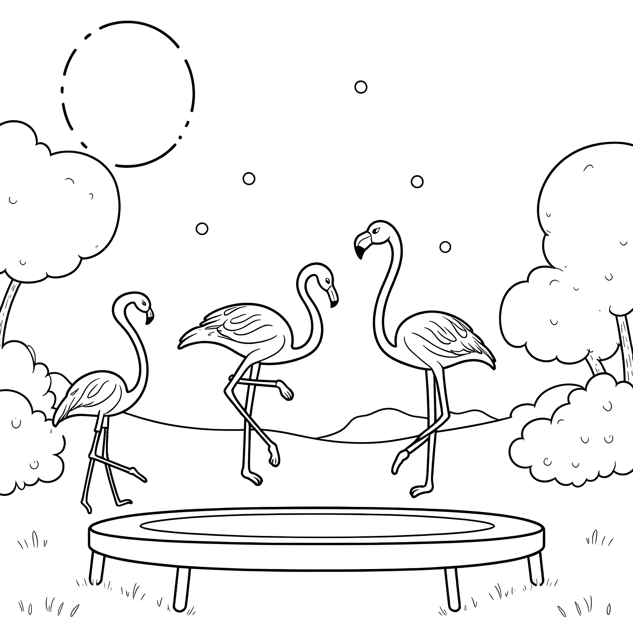 Flamingos dancing on a trampoline Coloring Page (free black-and-white line drawing printable PDF for all, from beginners to advanced learners, including children, teens, adults, and seniors)